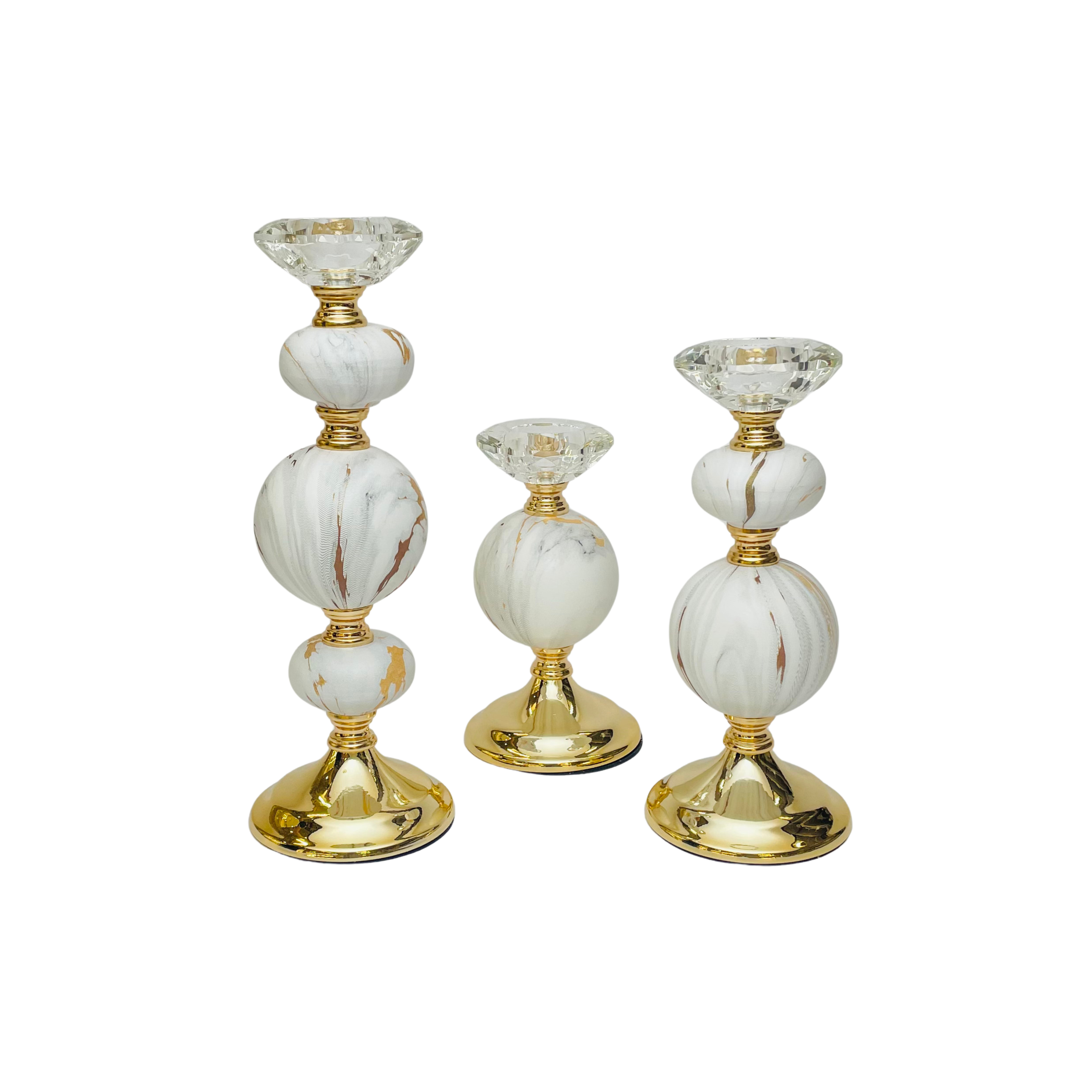 Luxury Marble & Gold Candle Holder Set – Crystal Top Design (Set of 3)