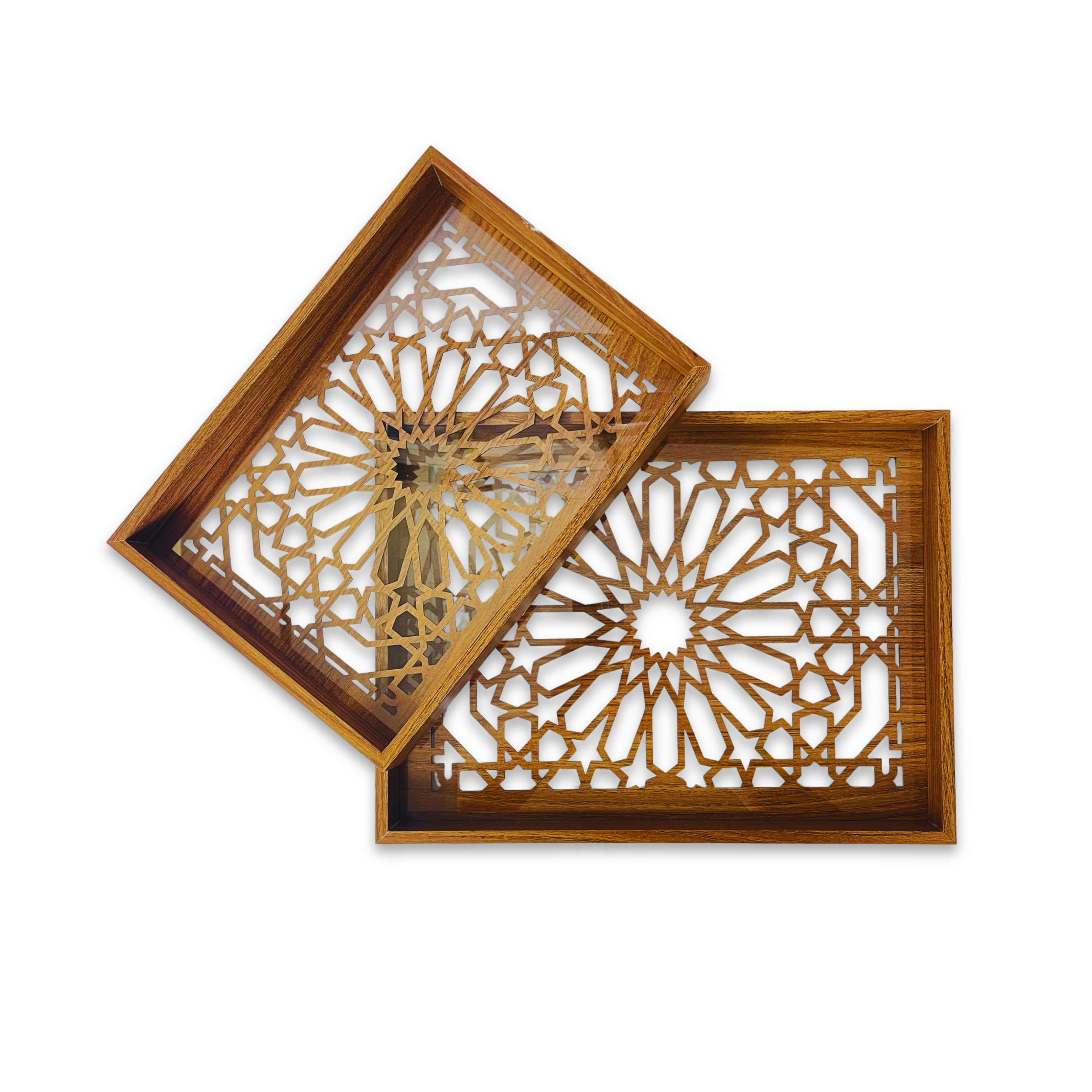 Wooden Serving Tray Set with Intricate Laser-Cut Floral Design