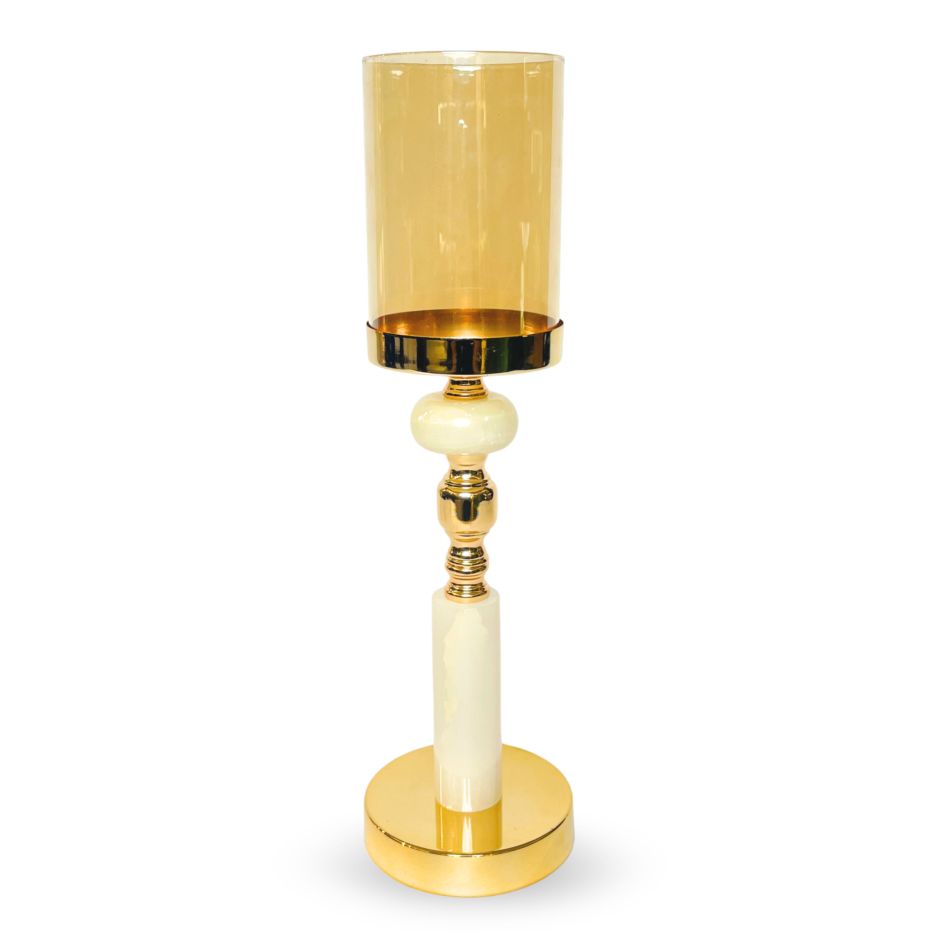 Gold & Ivory Candle Holder with Amber Glass Shade – Elegant Table Accent