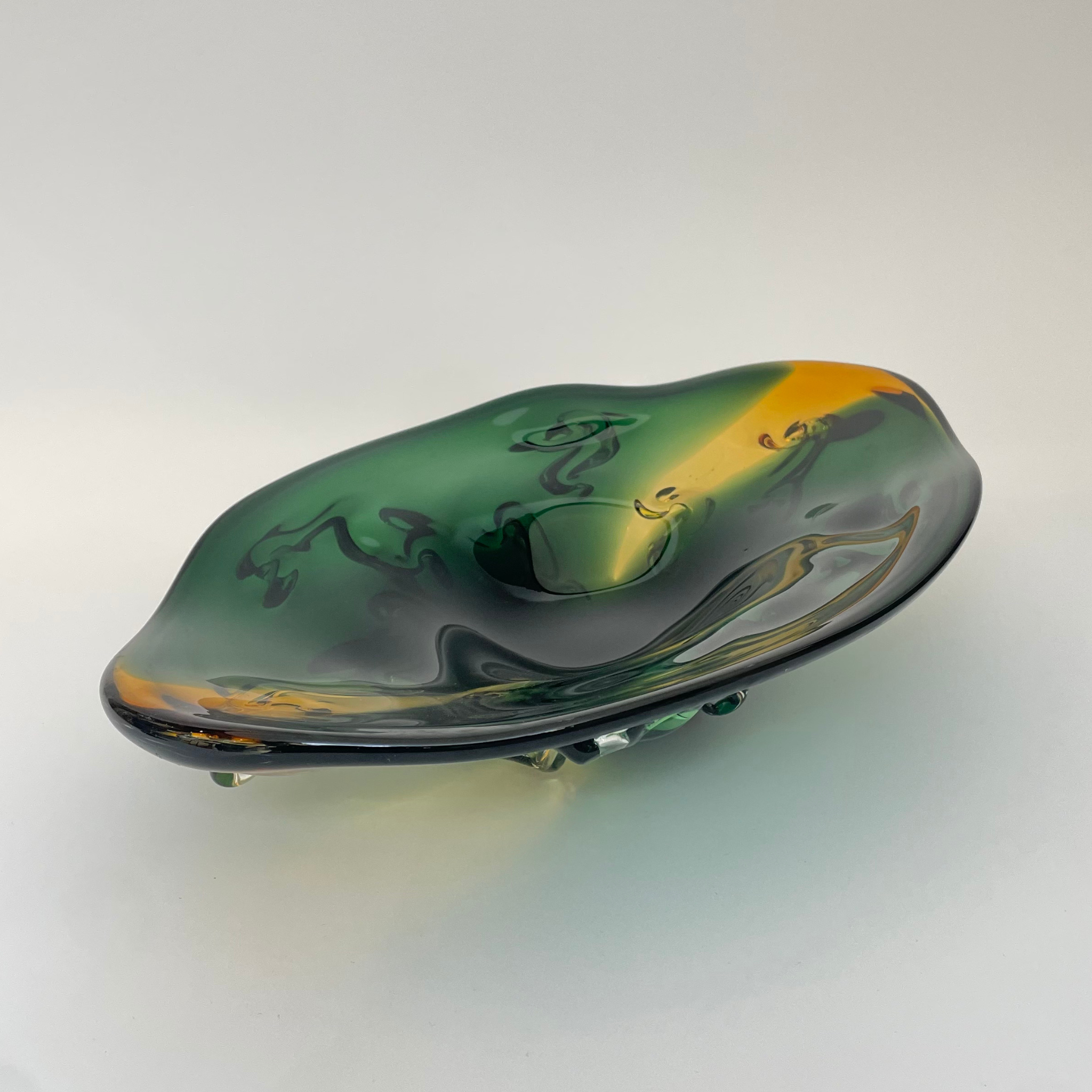 Forest Green & Amber Artistic Glass Centerpiece Bowl