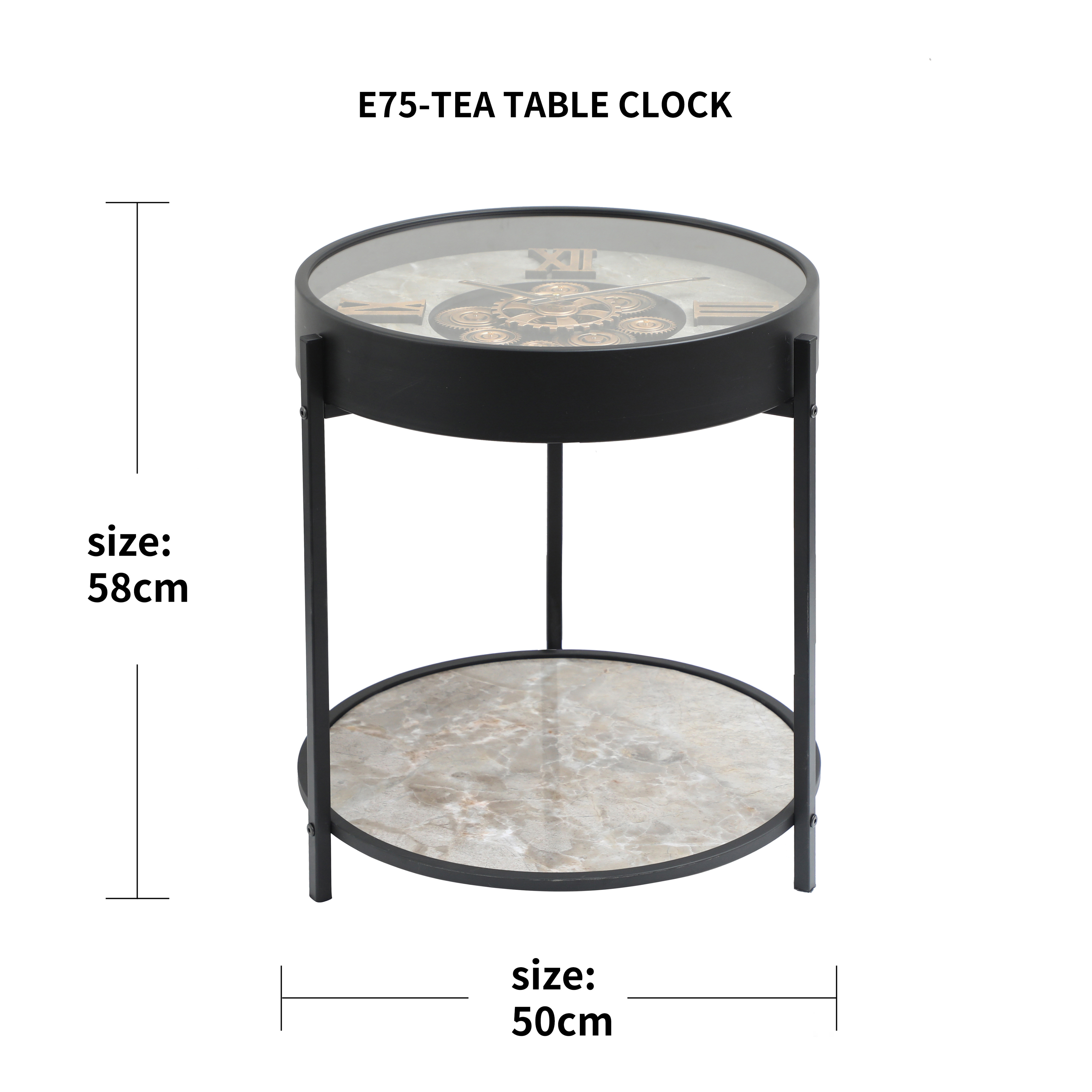 Vintage Black Tea Table with Clock Top & Marble Shelf