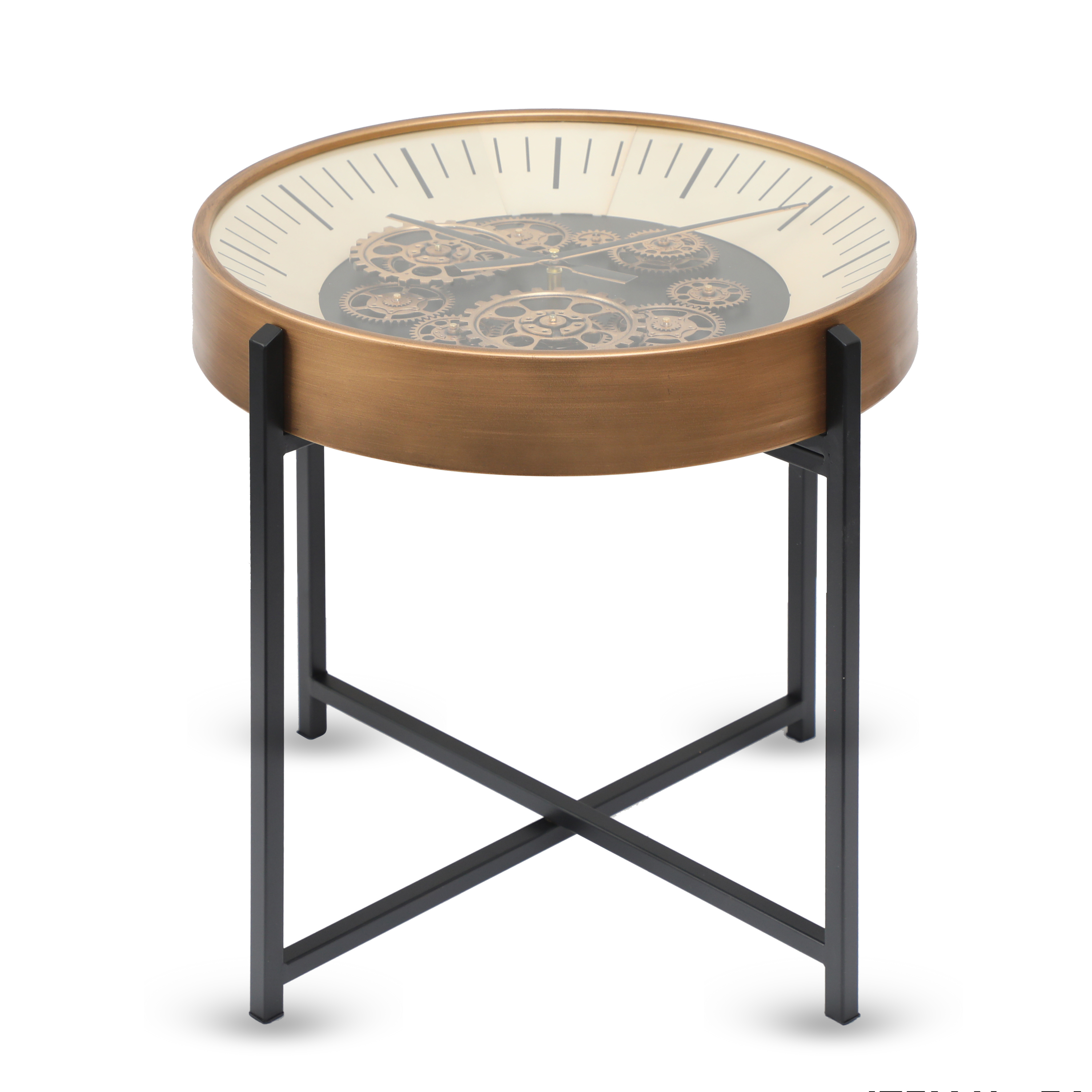 Rustic Clock Top Tea Table – Metal & Wood Finish