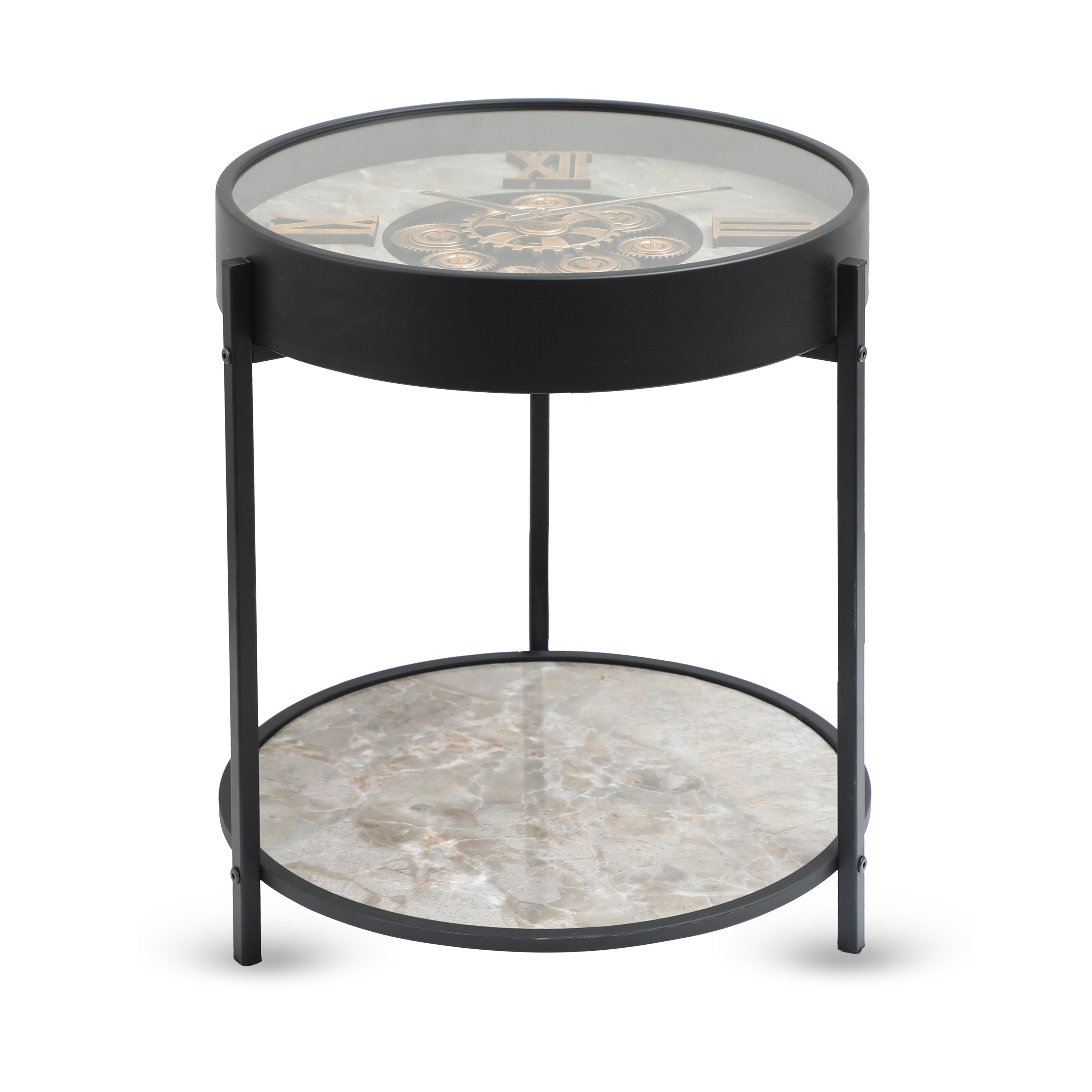 Modern Black Tea Table with Clock Top & Marble Shelf