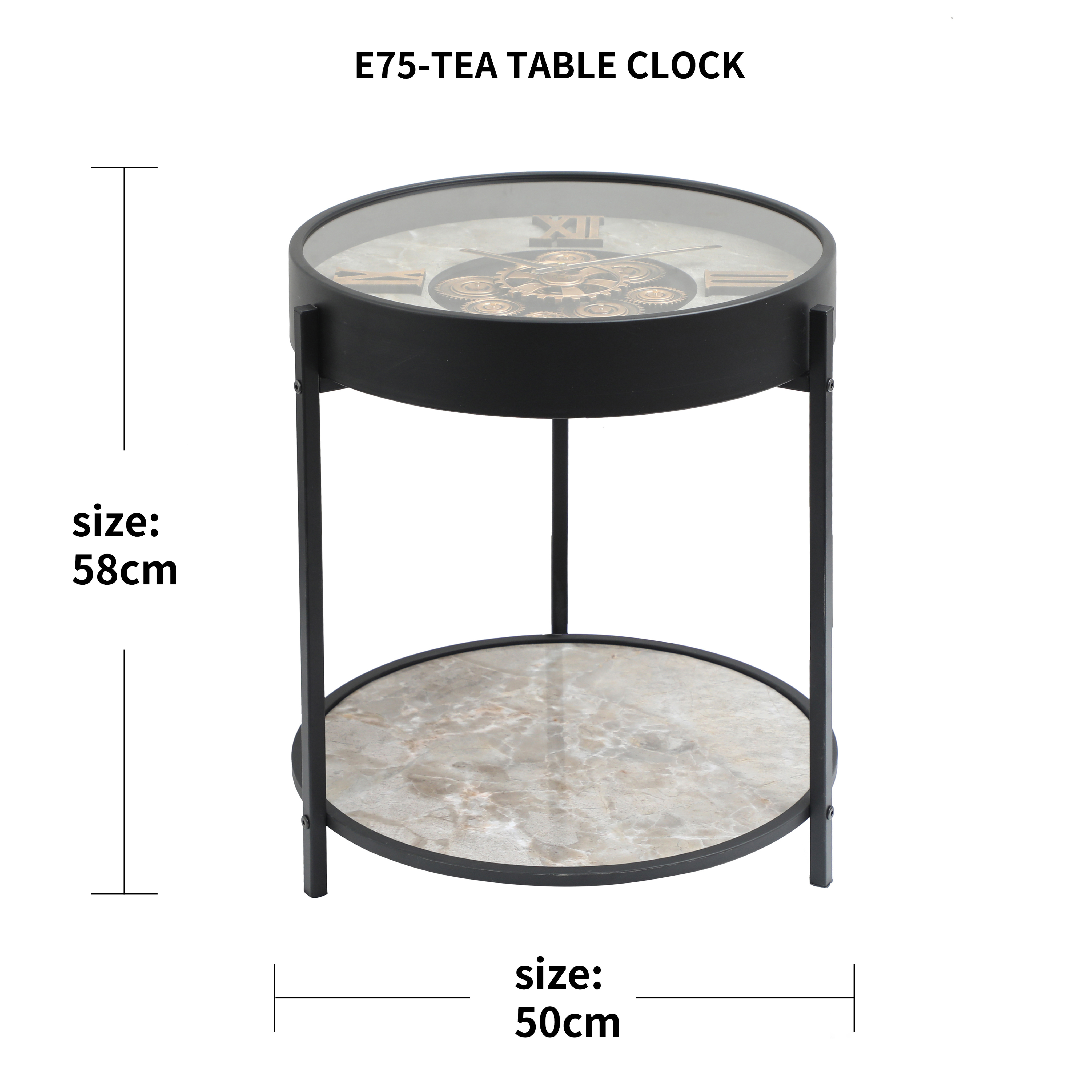 Modern Black Tea Table with Clock Top & Marble Shelf