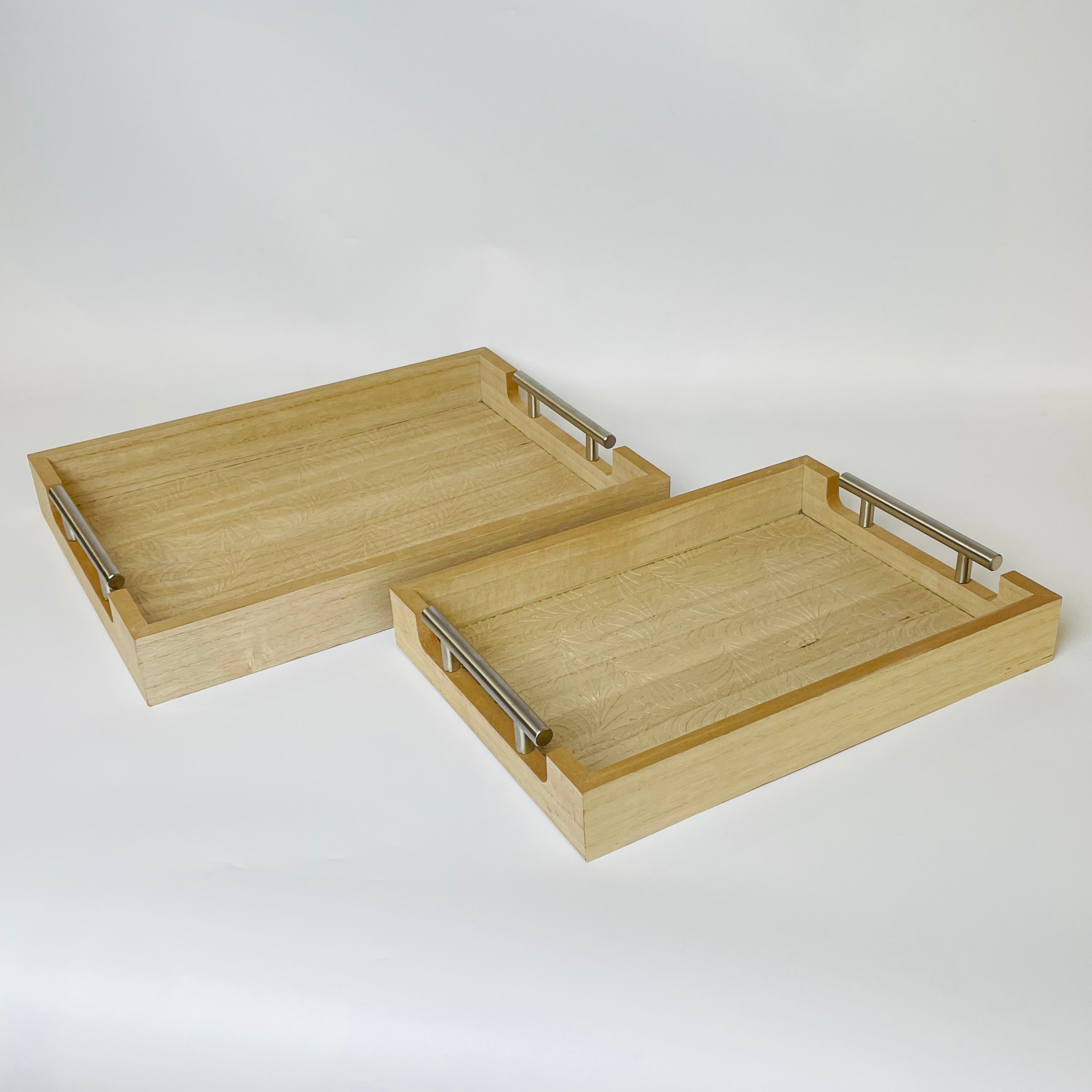 Natural Wooden Rectangular Serving Trays with Carved Leaf Pattern & Silver Handles – Set of 2