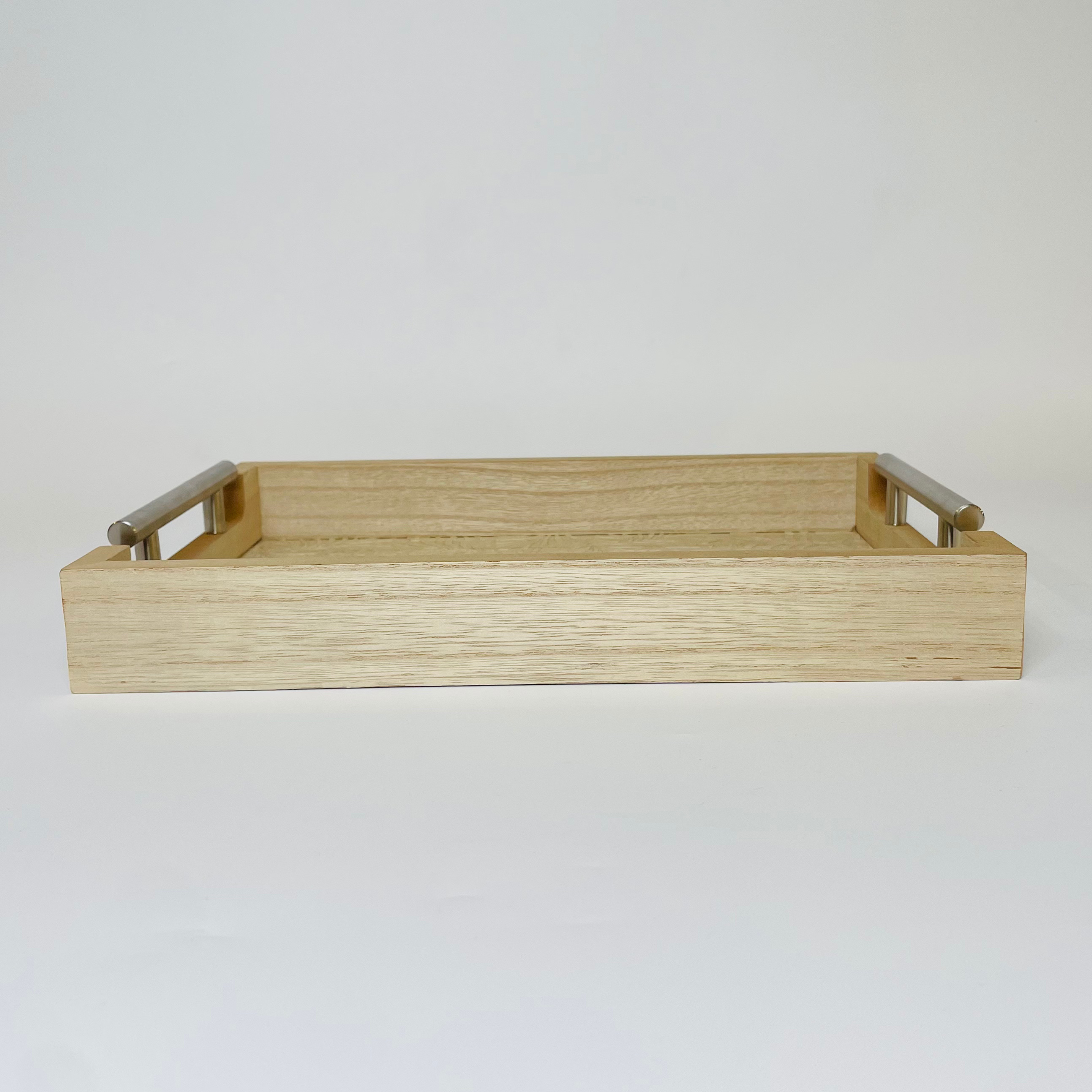 Natural Wooden Rectangular Serving Trays with Carved Leaf Pattern & Silver Handles – Set of 2