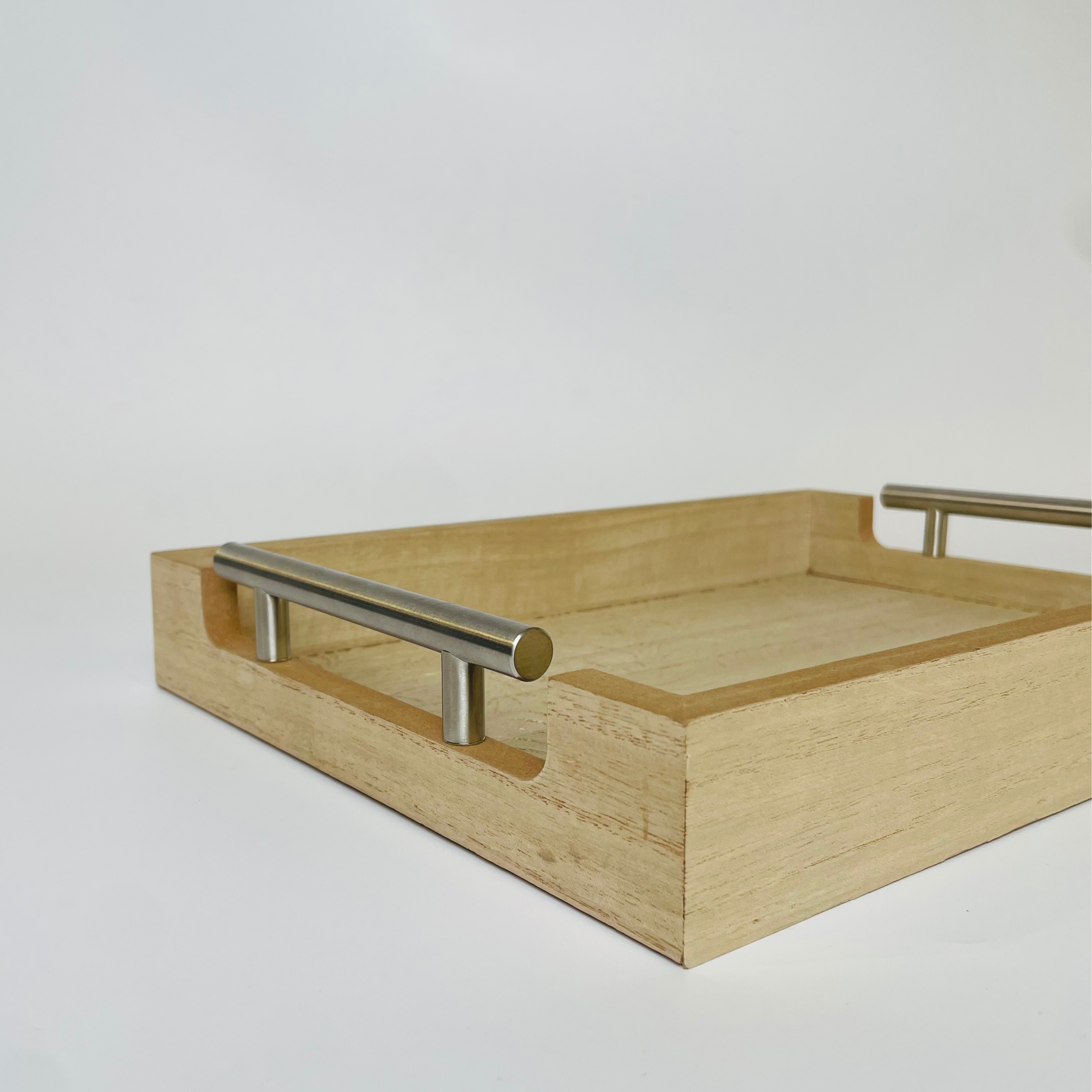 Natural Wooden Rectangular Serving Trays with Carved Leaf Pattern & Silver Handles – Set of 2