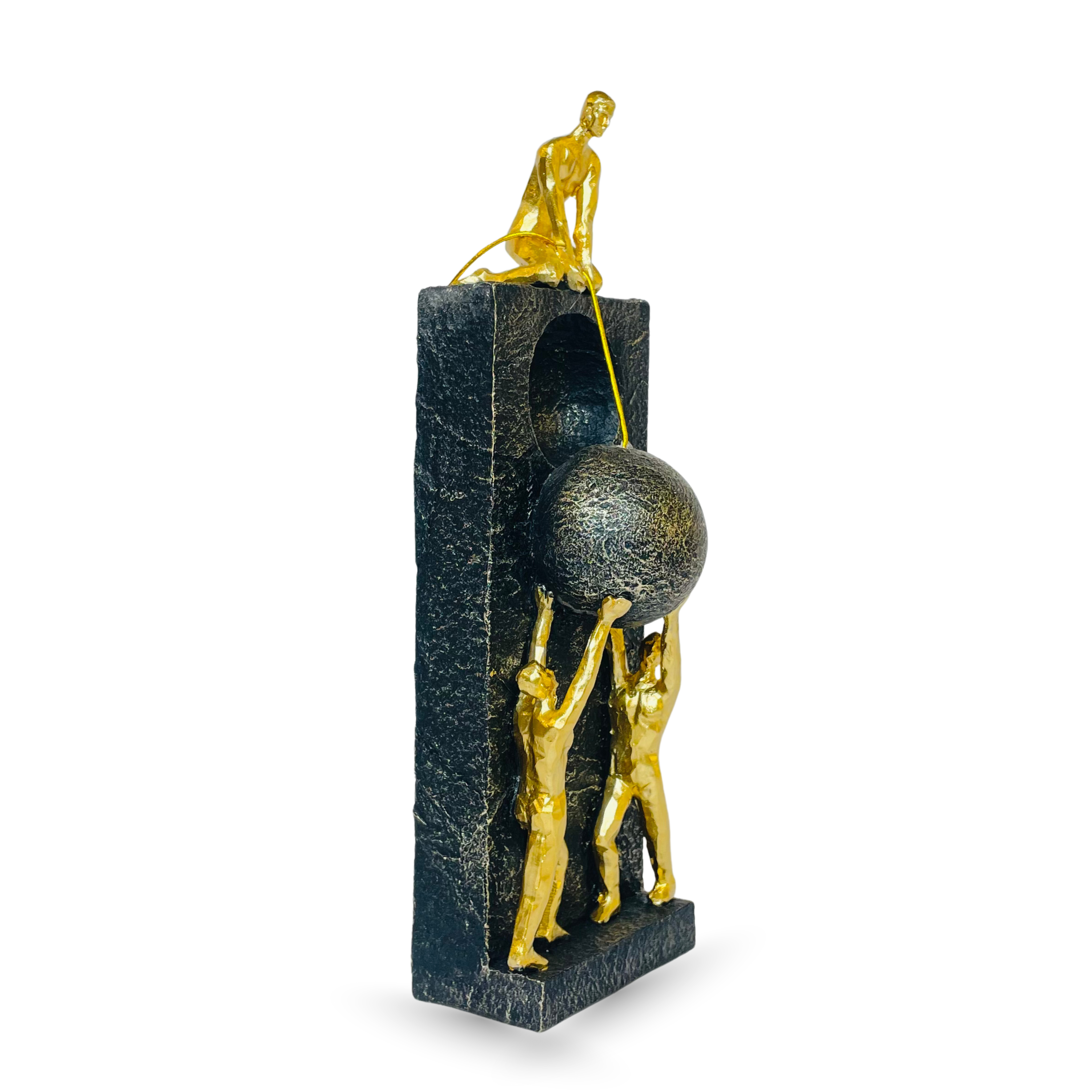 Abstract Teamwork Sculpture – Golden Figures with Sphere on Black Base