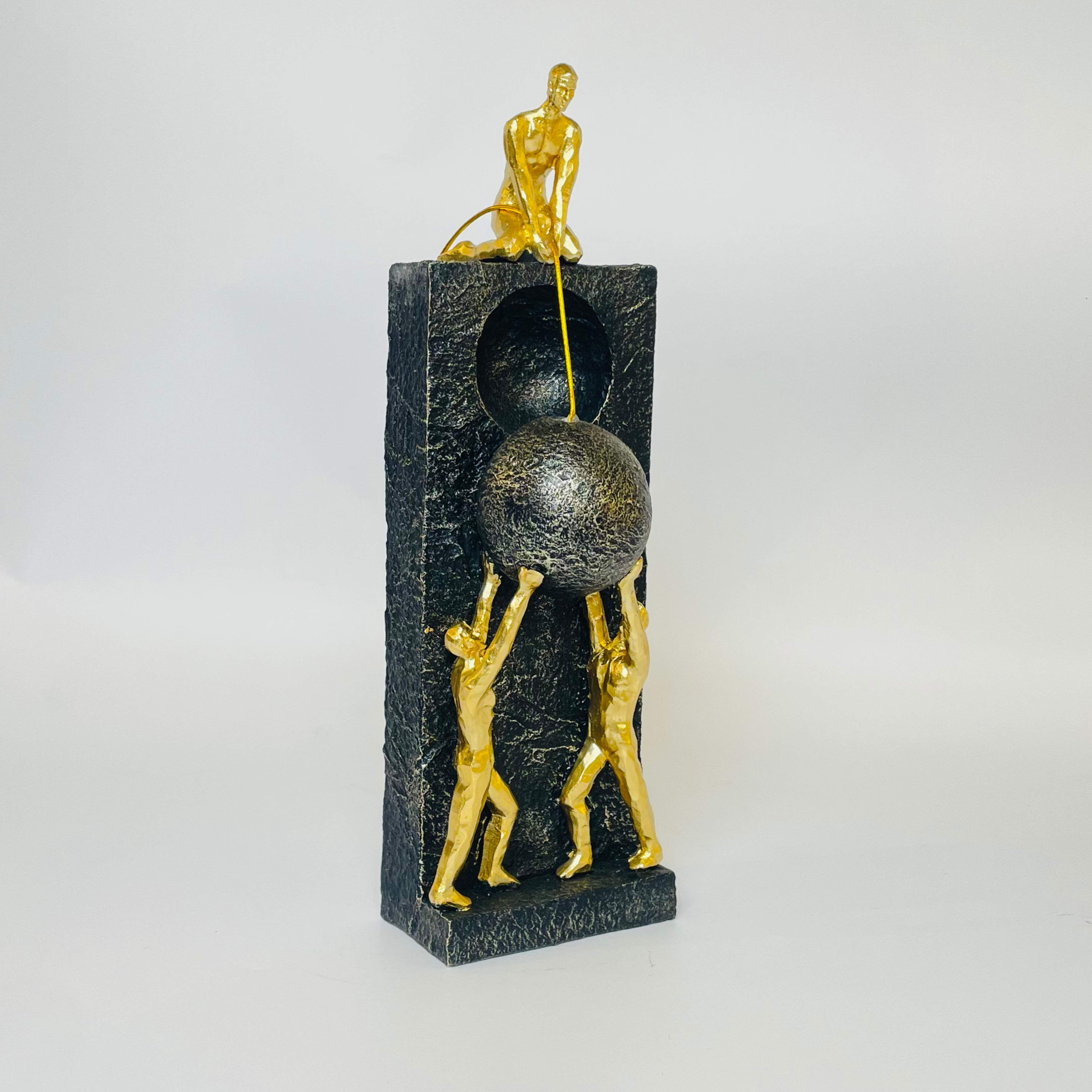 Abstract Teamwork Sculpture – Golden Figures with Sphere on Black Base