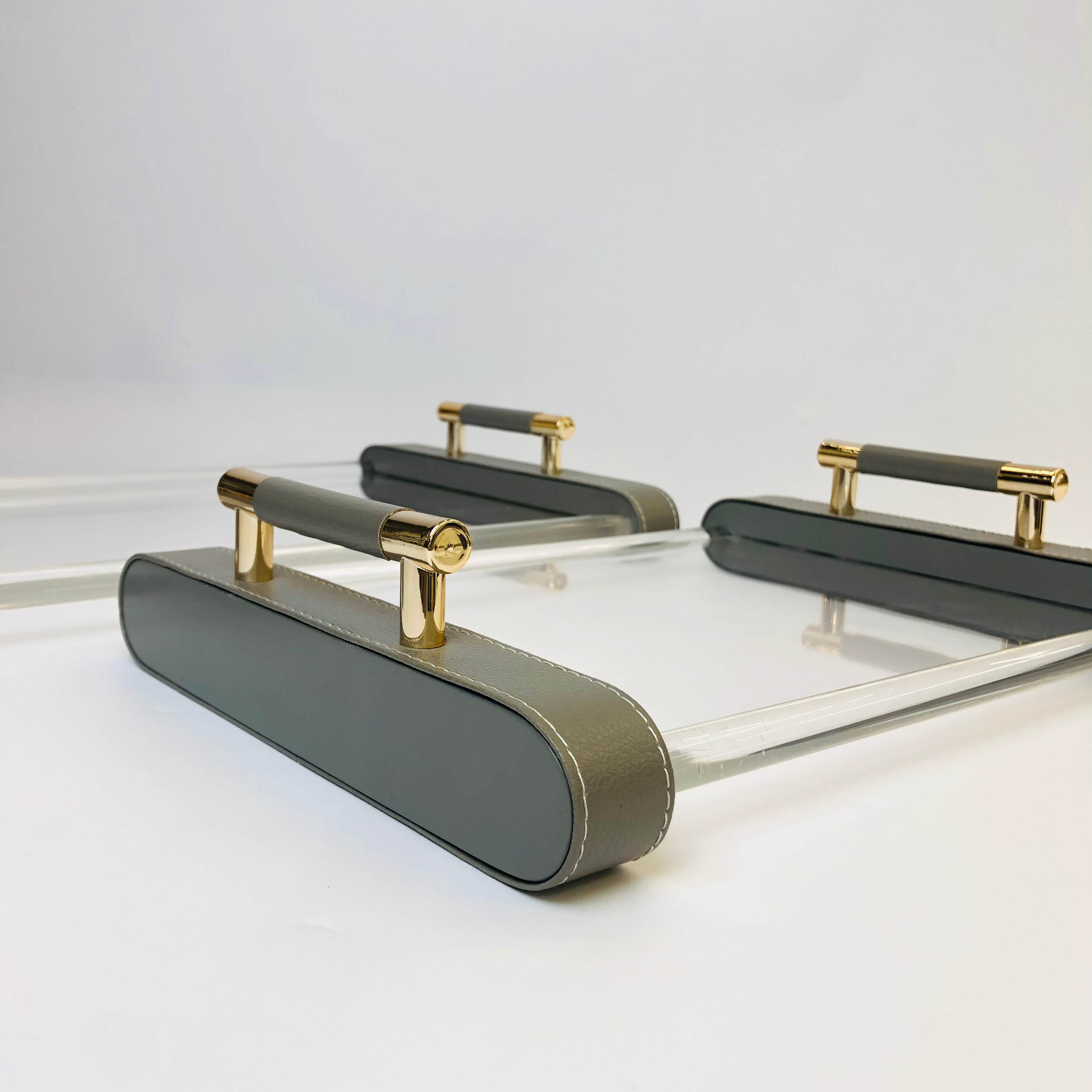 Luxury Acrylic & Leather Tray Set with Gold Handles - 2Pc Set