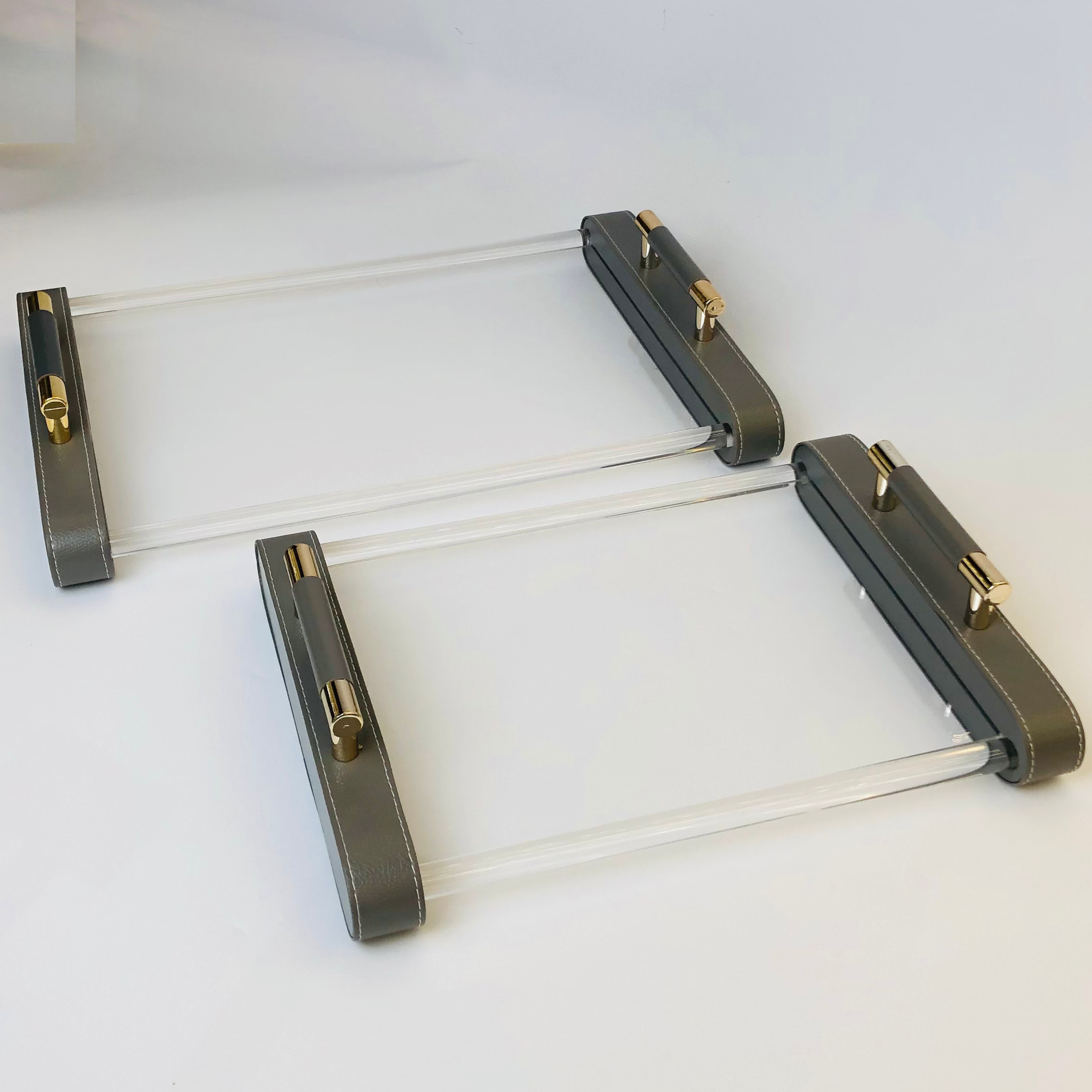 Luxury Acrylic & Leather Tray Set with Gold Handles - 2Pc Set