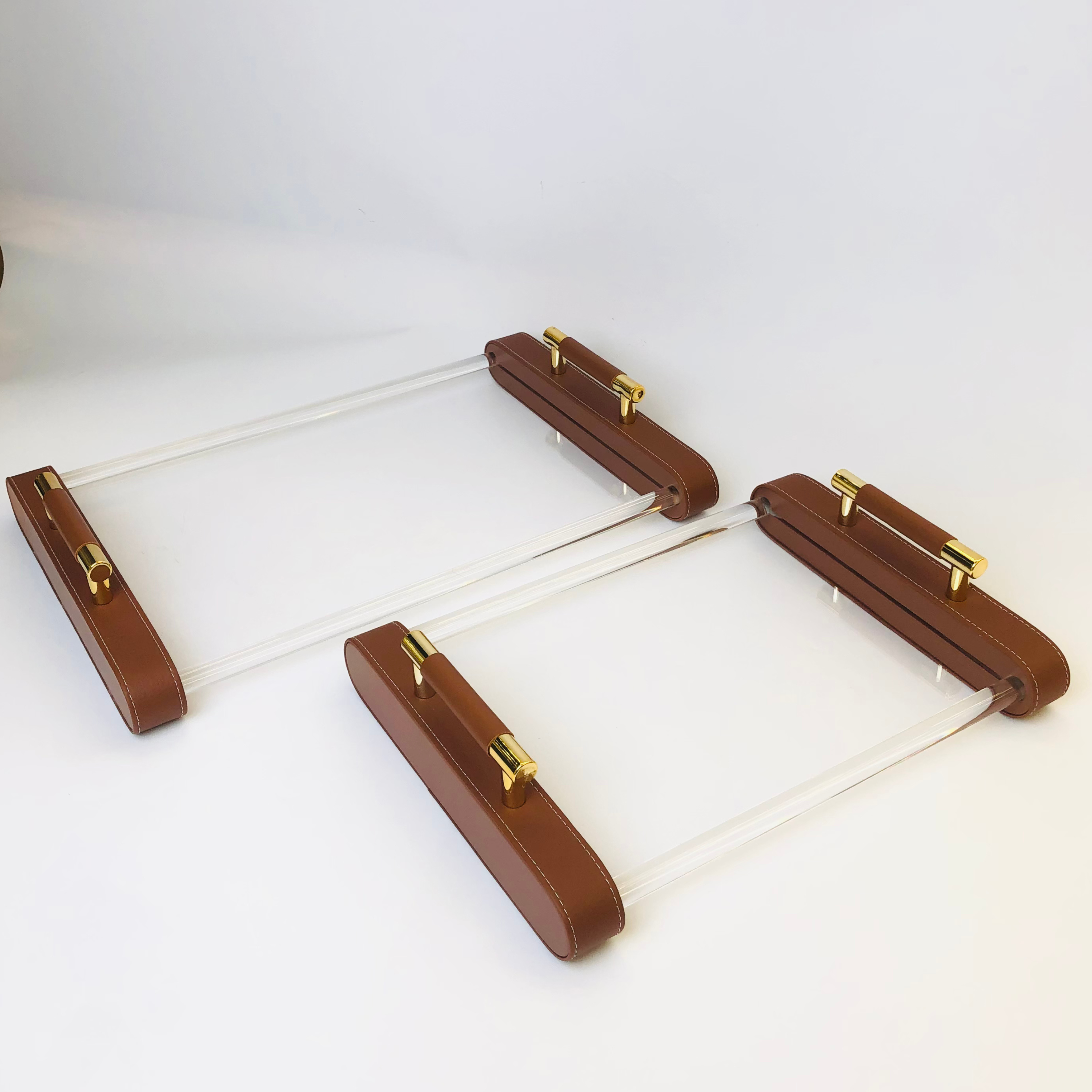 Luxury Acrylic & Leather Tray Set with Gold Handles - 2Pc Set