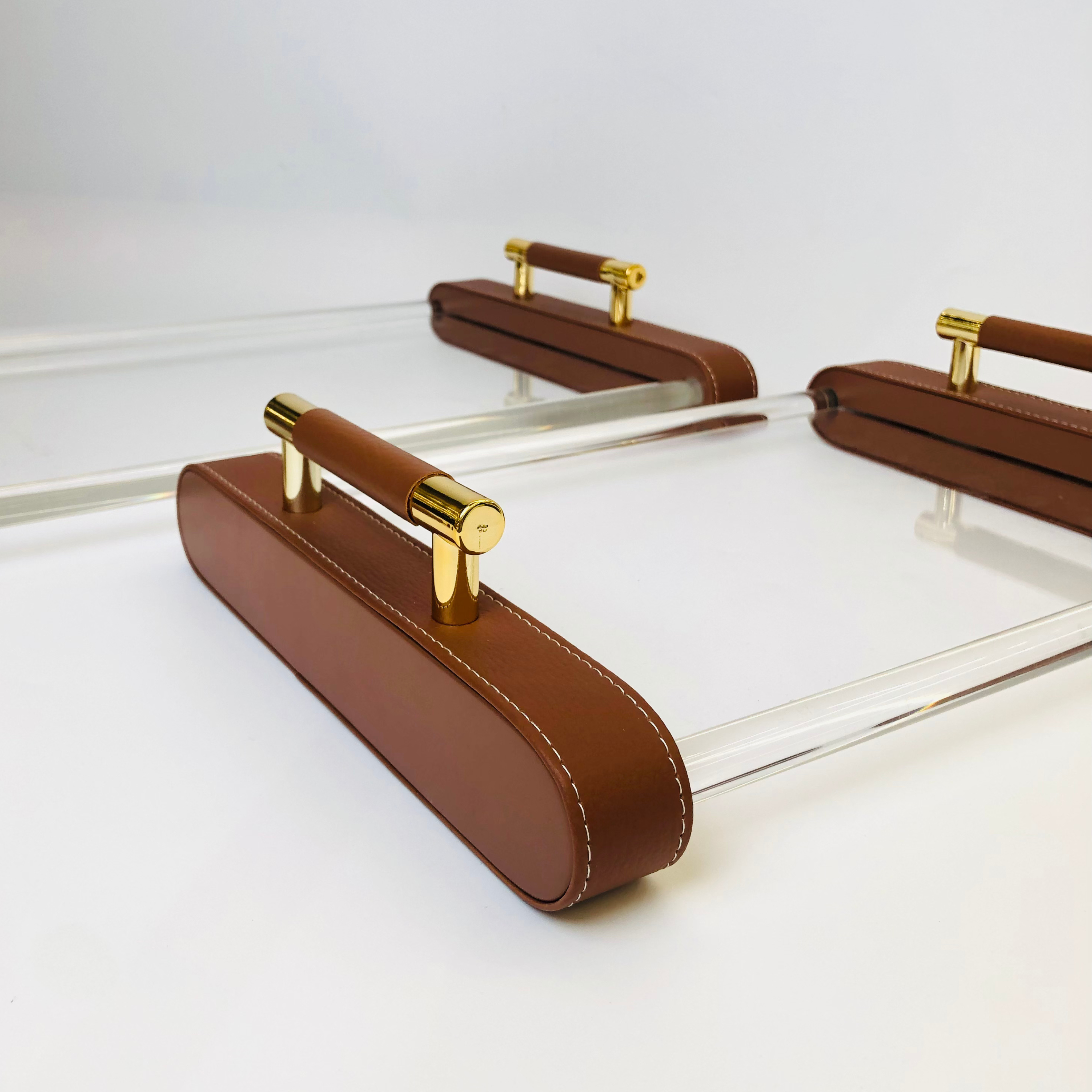 Luxury Acrylic & Leather Tray Set with Gold Handles - 2Pc Set