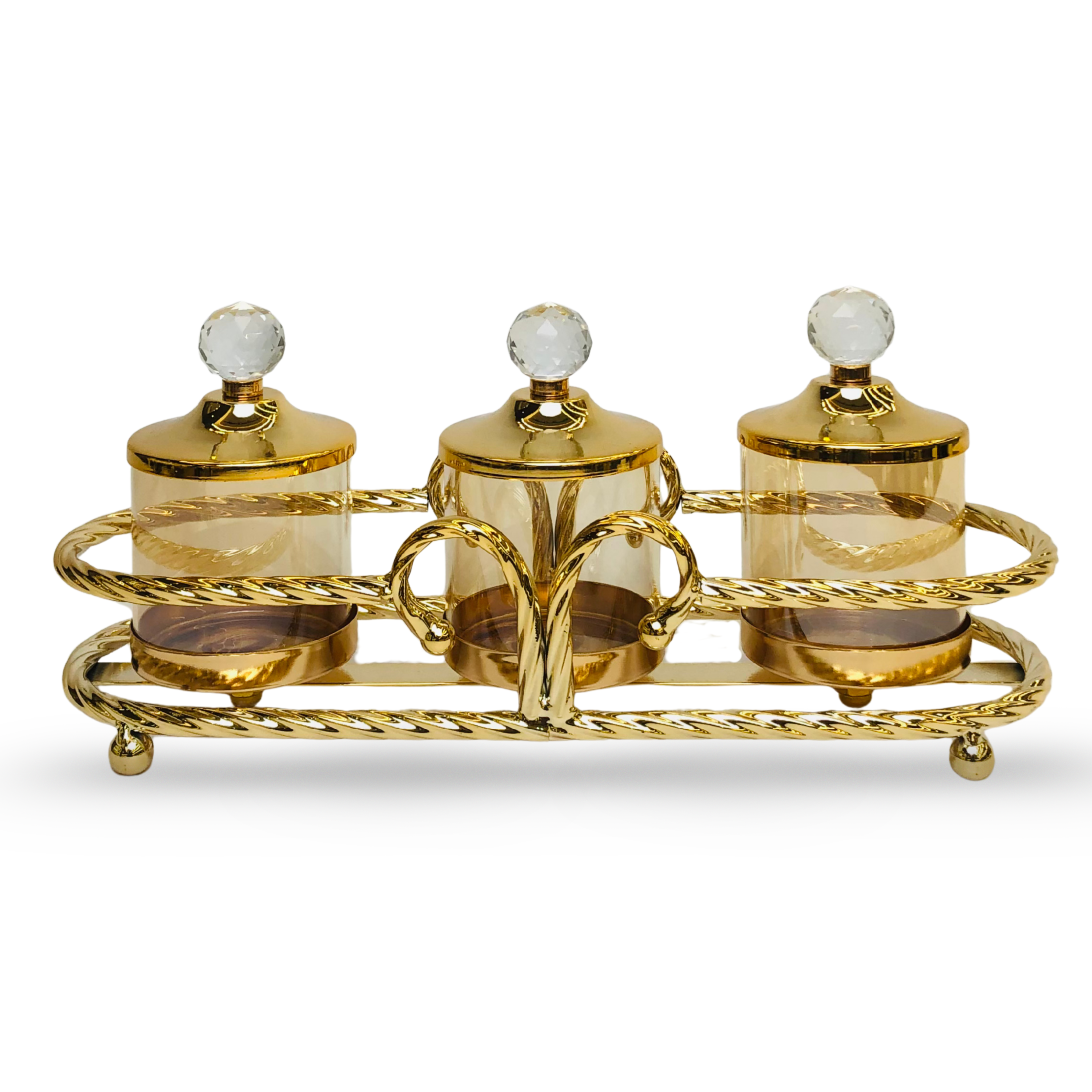 Golden Glass Storage Jar Set with Crystal Lid – 2&3 Pcs Jar Set