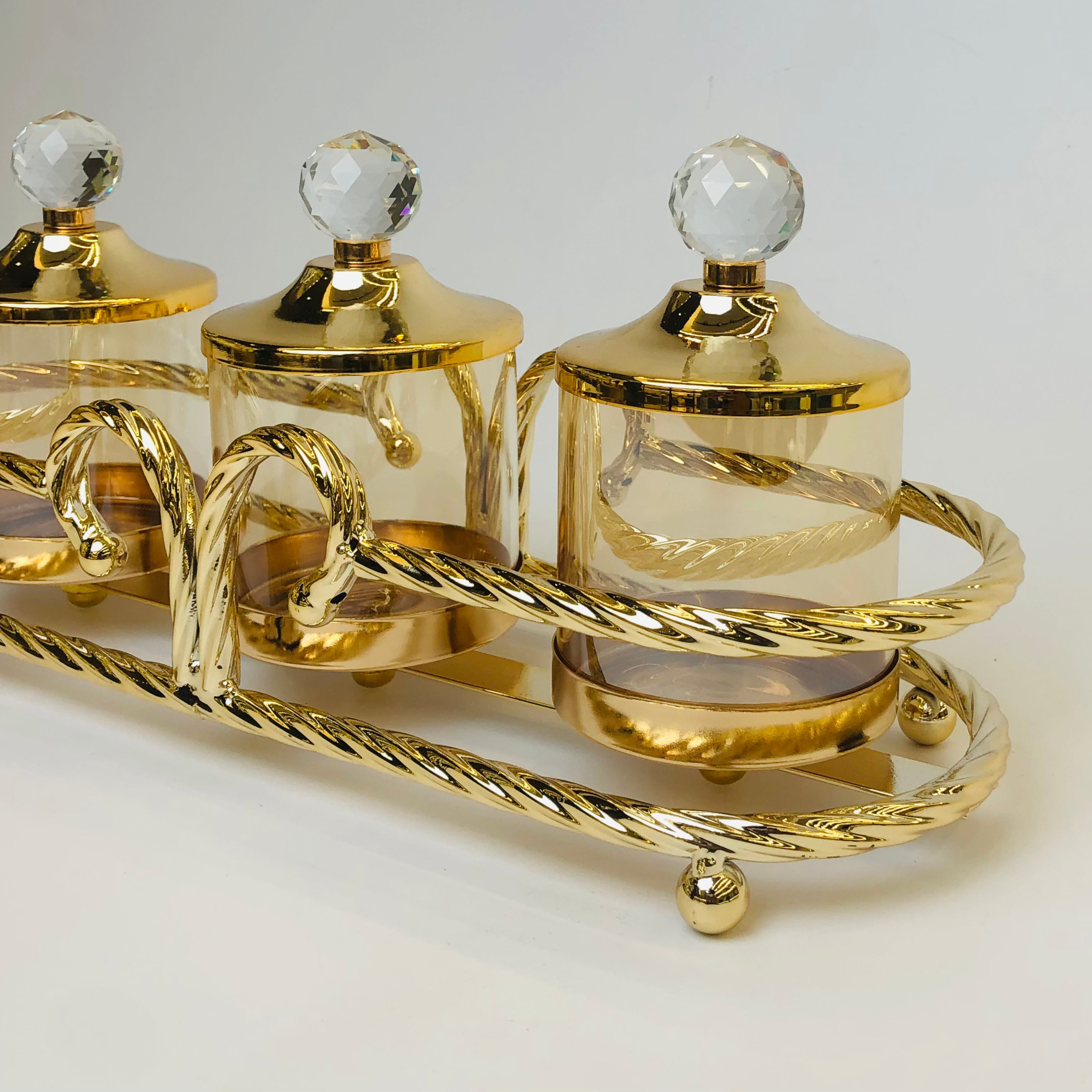 Golden Glass Storage Jar Set with Crystal Lid – 2&3 Pcs Jar Set