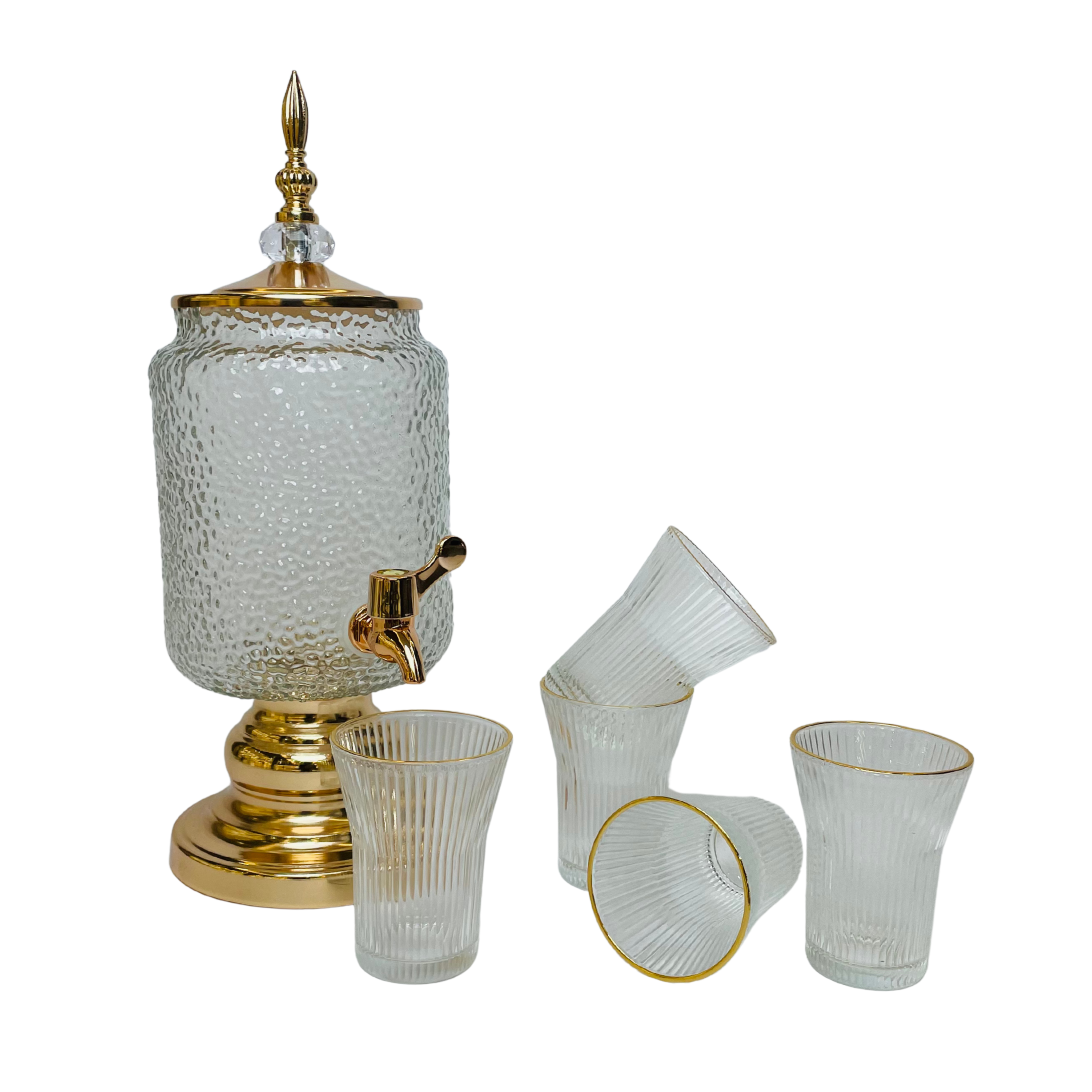 Regalia Luxe – Golden Glass Beverage Dispenser with 6 Crystal Glasses