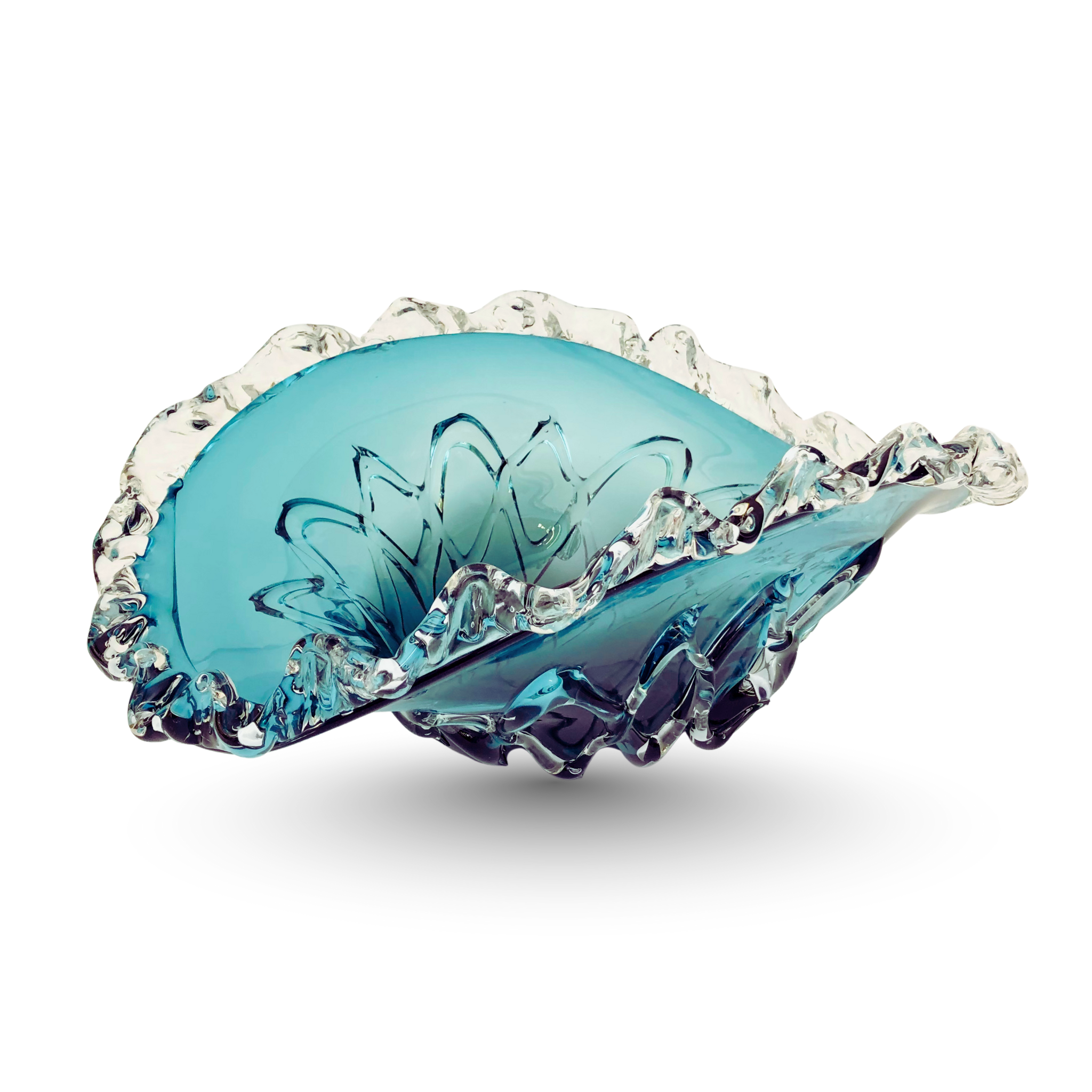 Ocean Blue Ruffled Glass Centerpiece Bowl