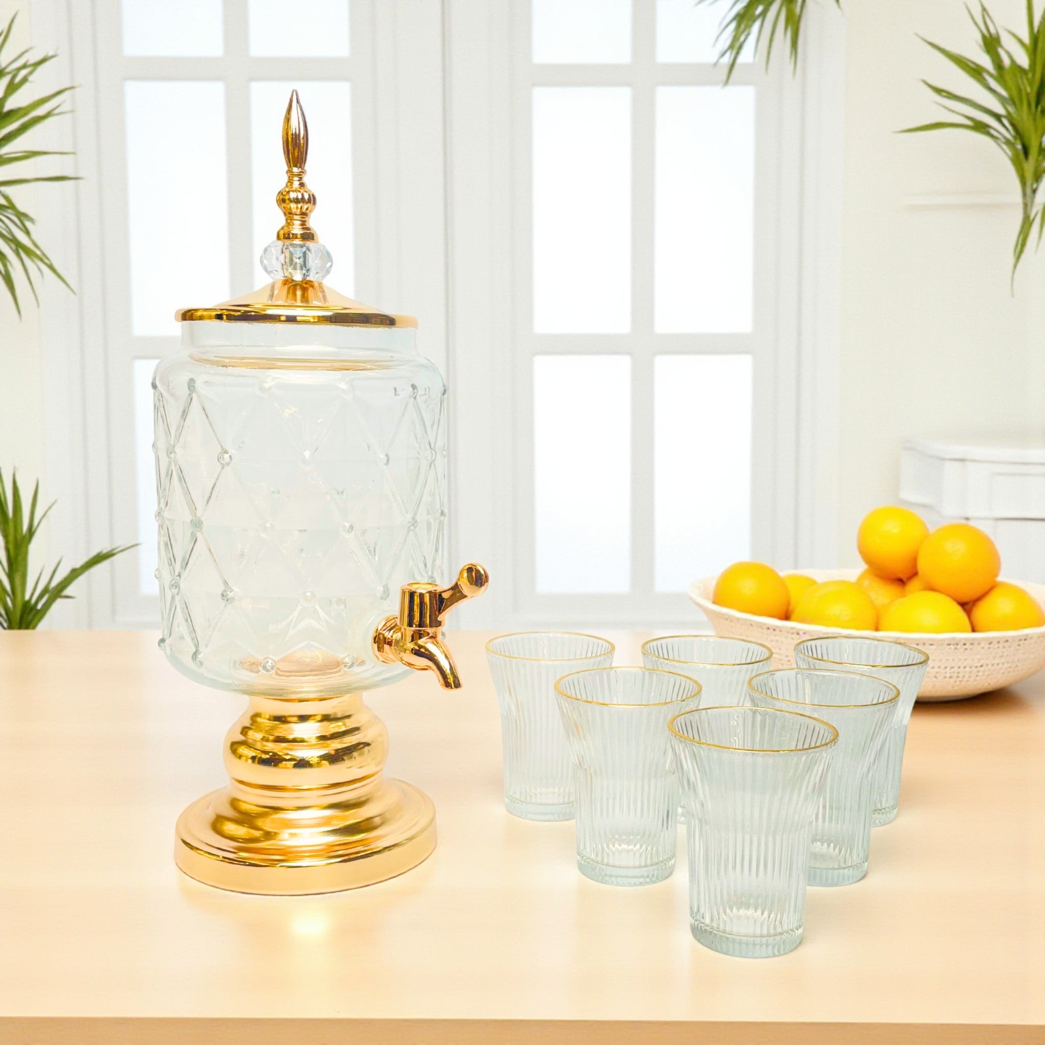 Diamond Luxe – Golden Glass Beverage Dispenser with 6 Crystal Glasses