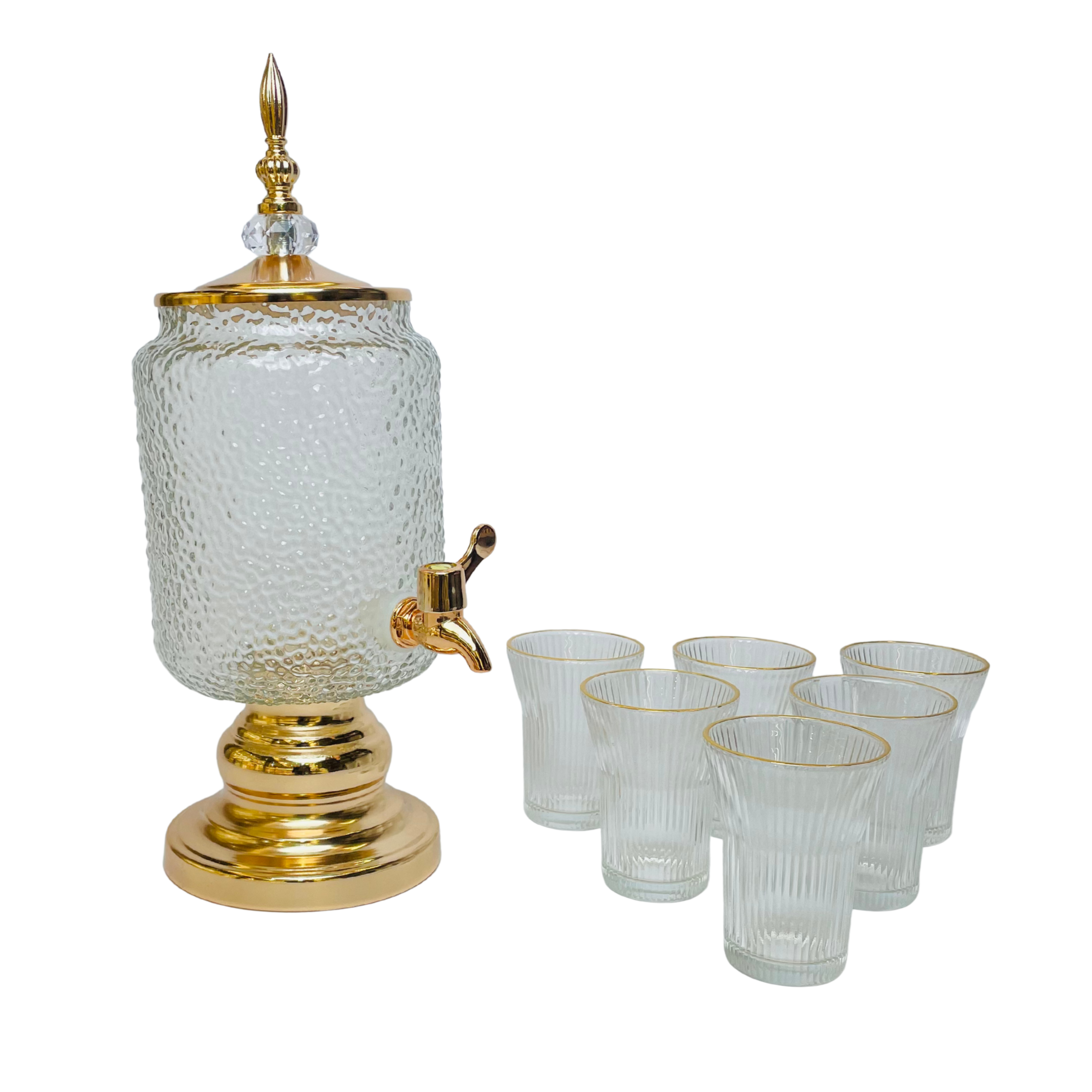 Regalia Luxe – Golden Glass Beverage Dispenser with 6 Crystal Glasses