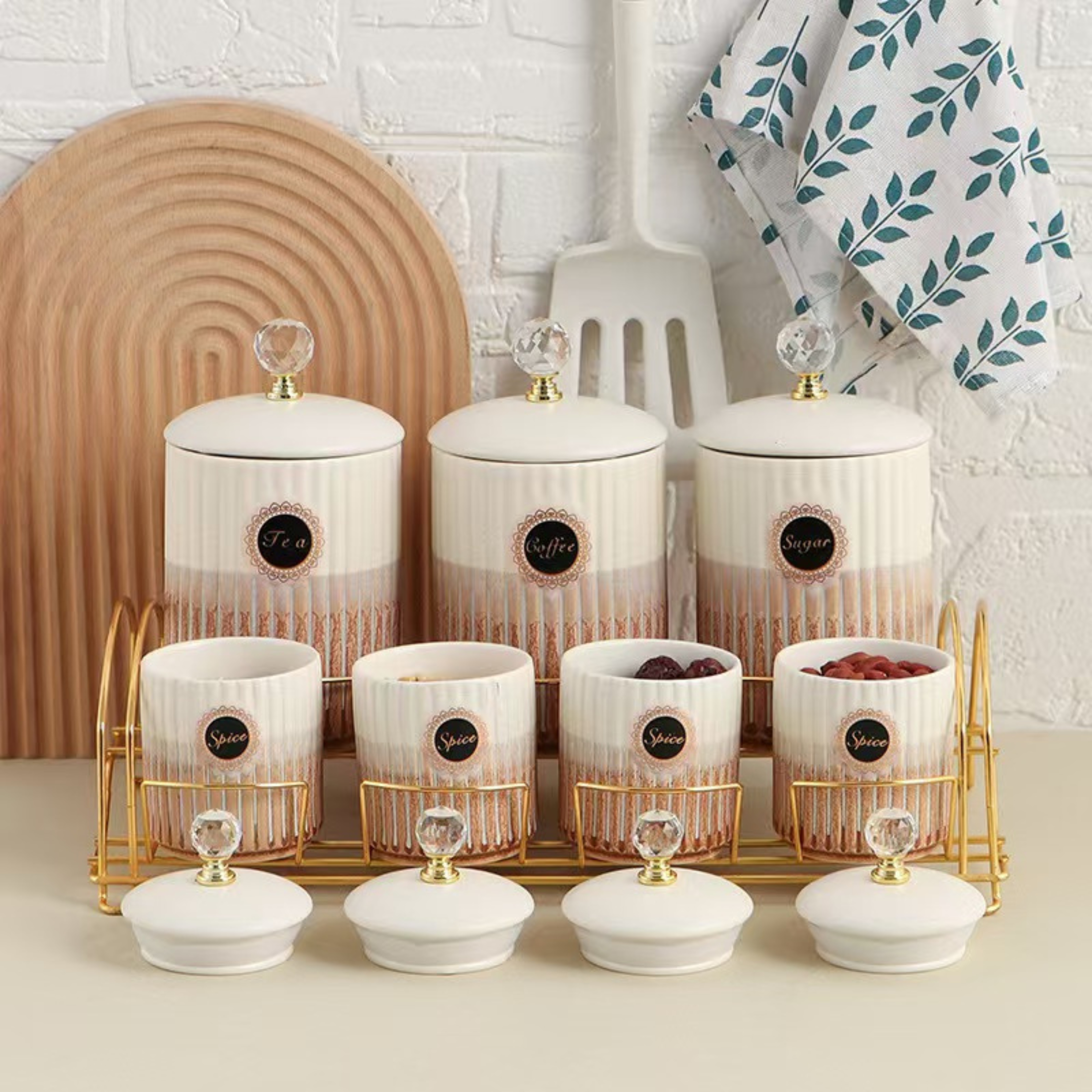 Luxury Ceramic Tea, Coffee, Sugar & Spice Jar Set with Golden Rack and Crystal Lid Knobs