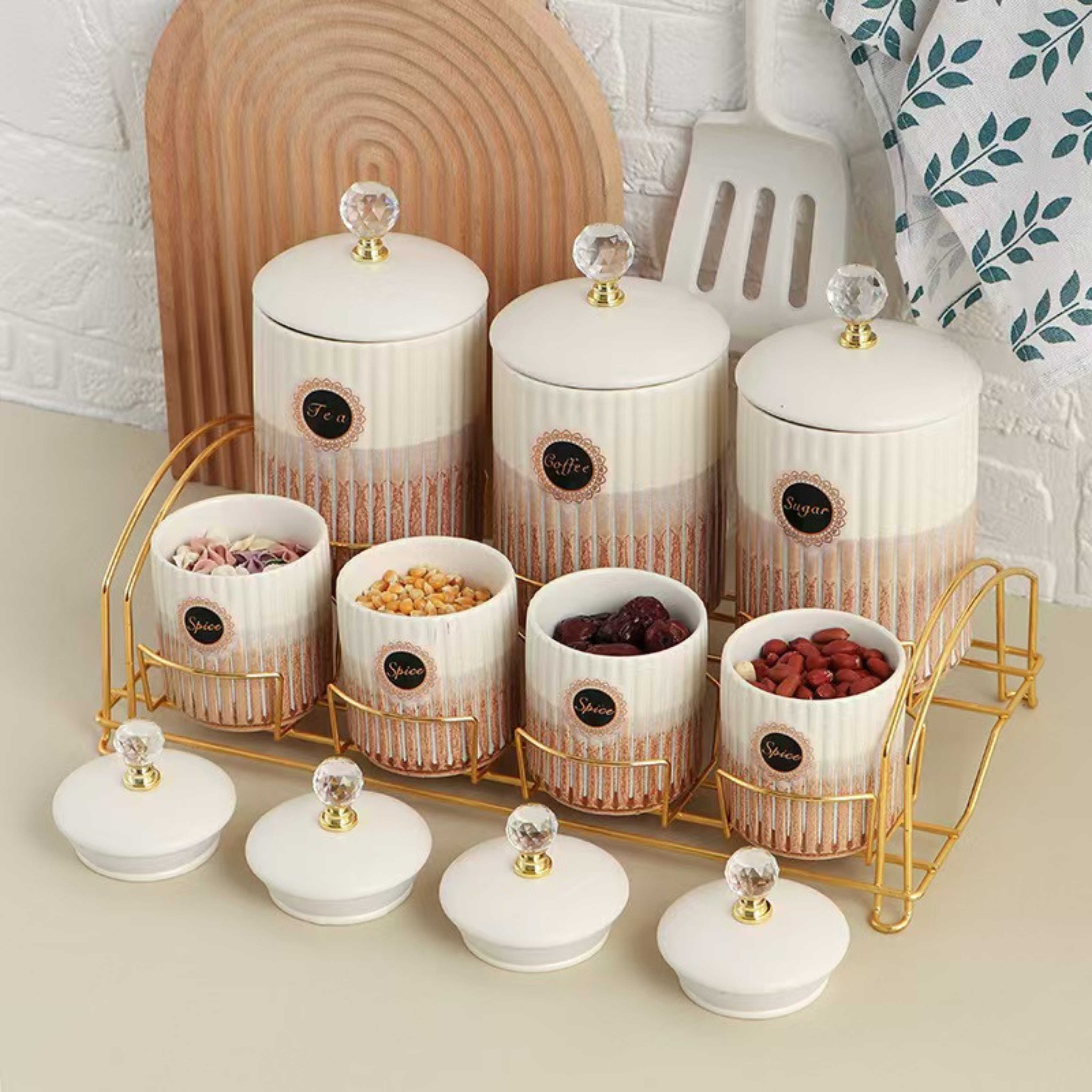 Luxury Ceramic Tea, Coffee, Sugar & Spice Jar Set with Golden Rack and Crystal Lid Knobs