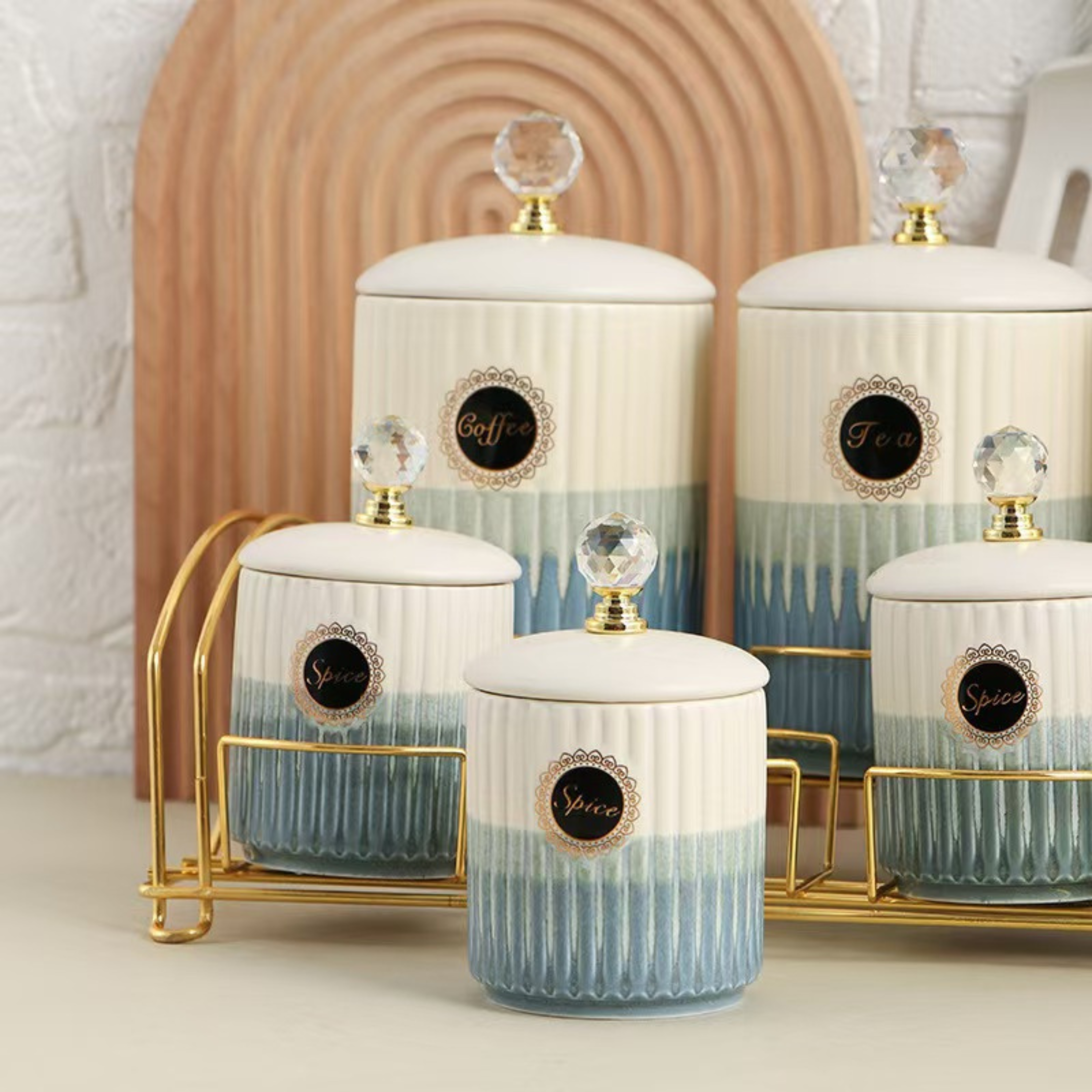 Luxury Ceramic Tea, Coffee, Sugar & Spice Jar Set with Golden Rack and Crystal Lid Knobs