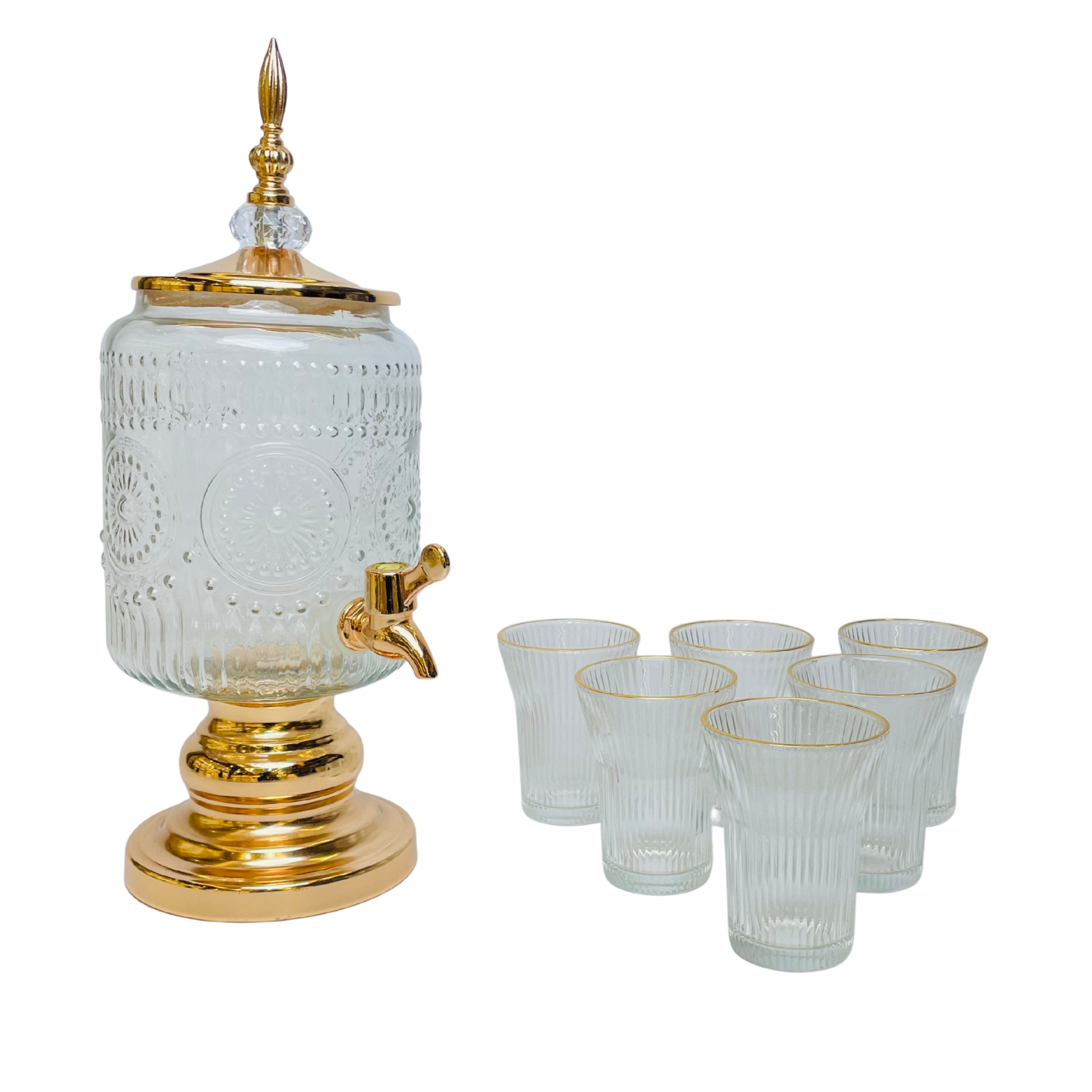 Imperial Elegance – Golden Glass Beverage Dispenser with 6 Crystal Glasses