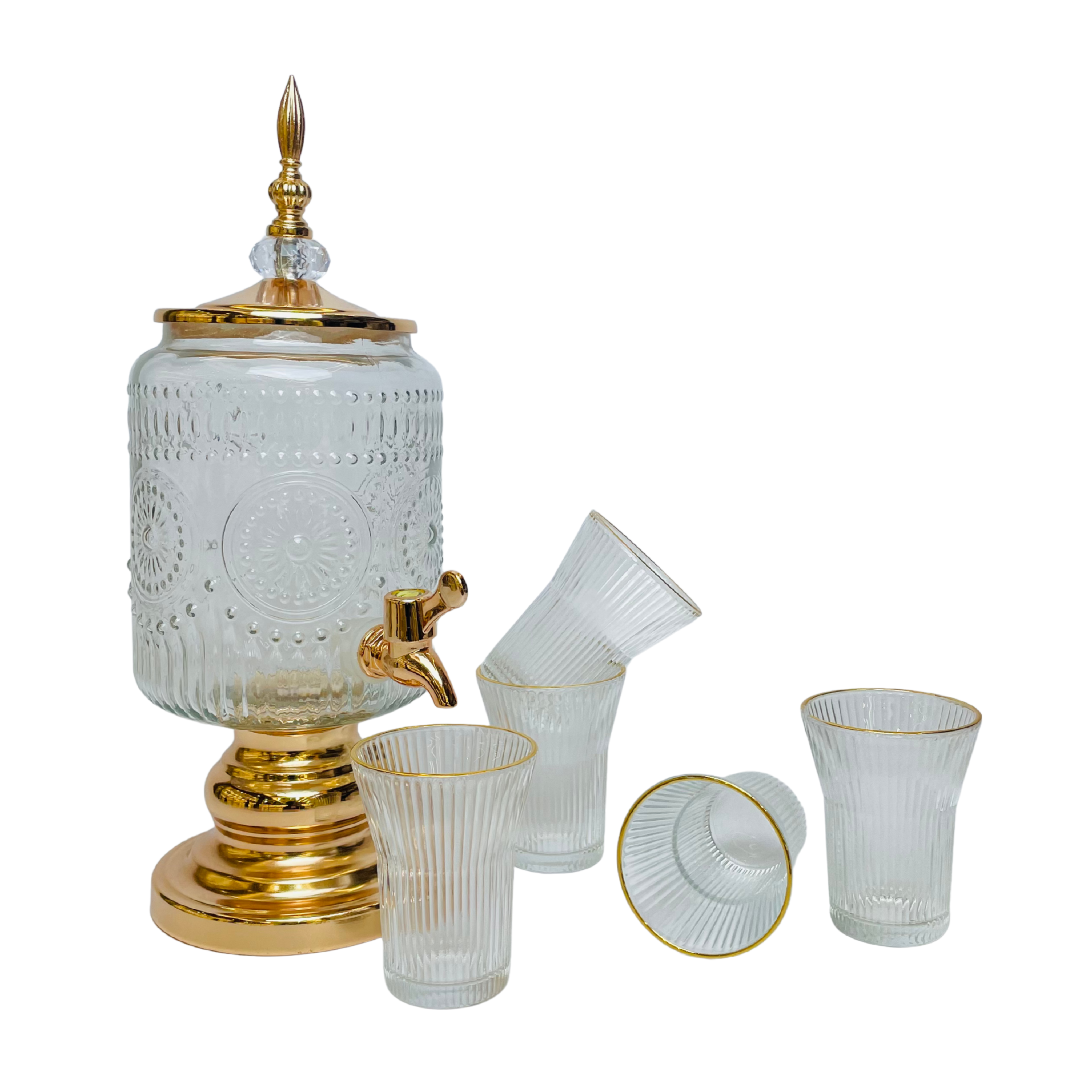Imperial Elegance – Golden Glass Beverage Dispenser with 6 Crystal Glasses
