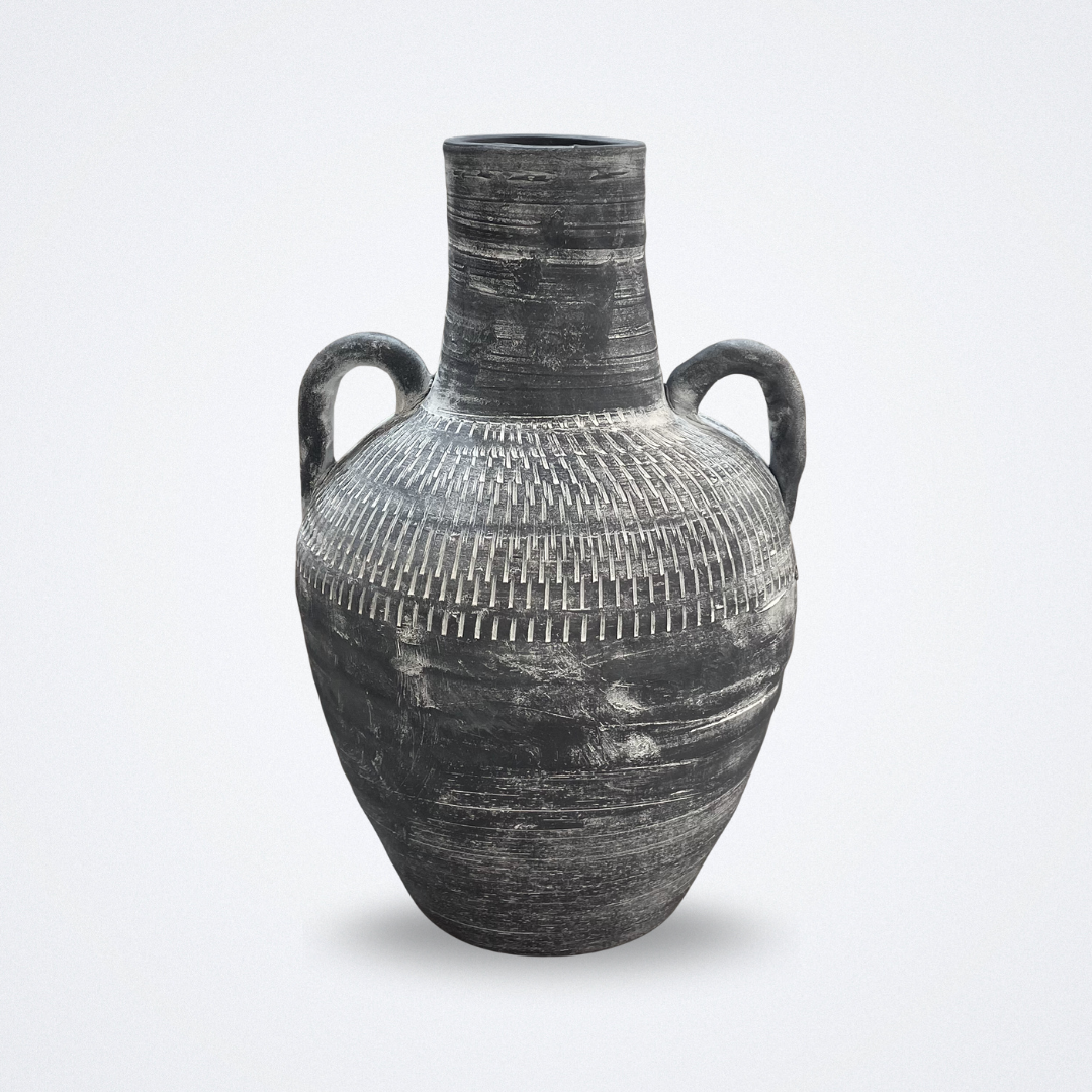 Antique Grey Ceramic Vase with Dual Handles