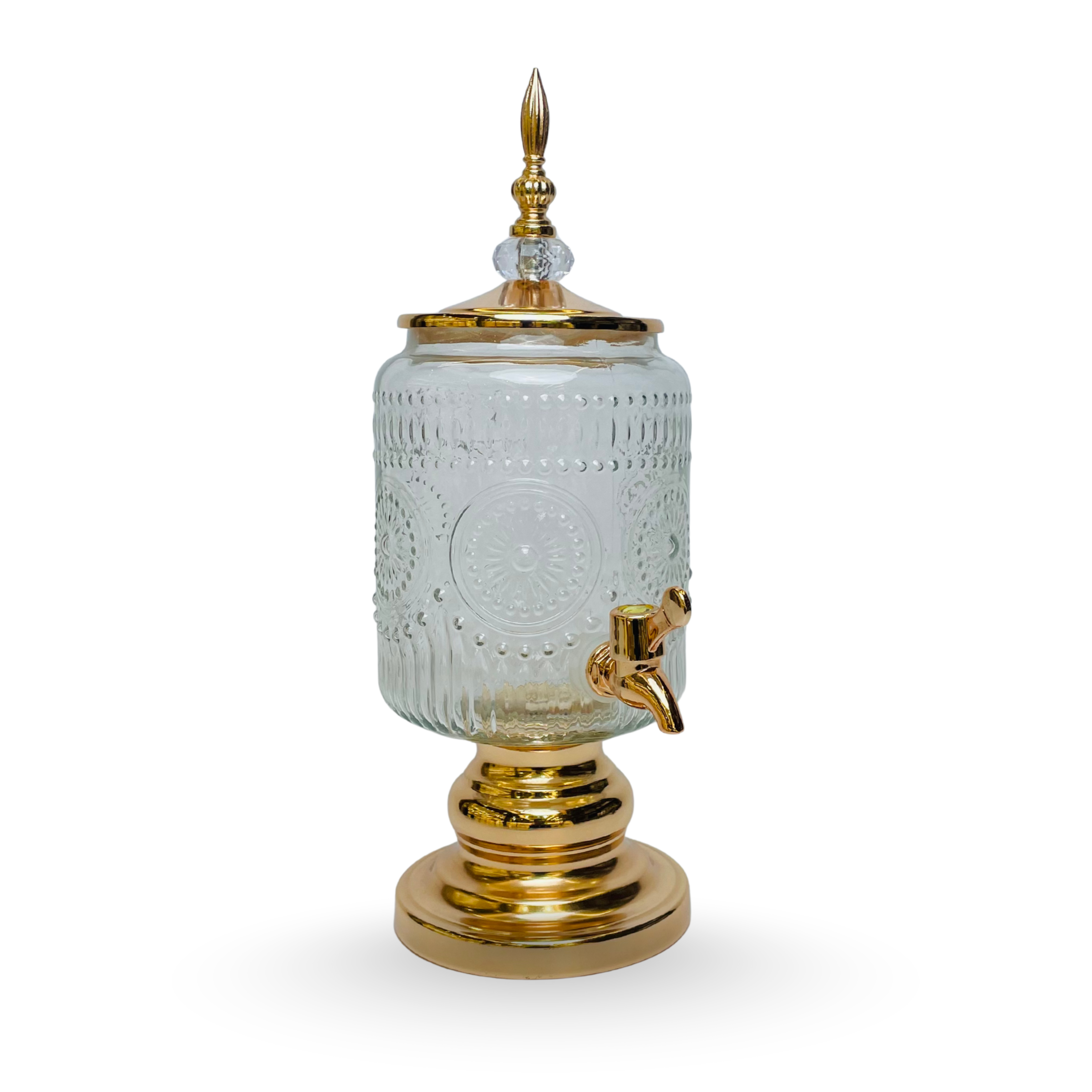 Imperial Elegance – Golden Glass Beverage Dispenser with 6 Crystal Glasses