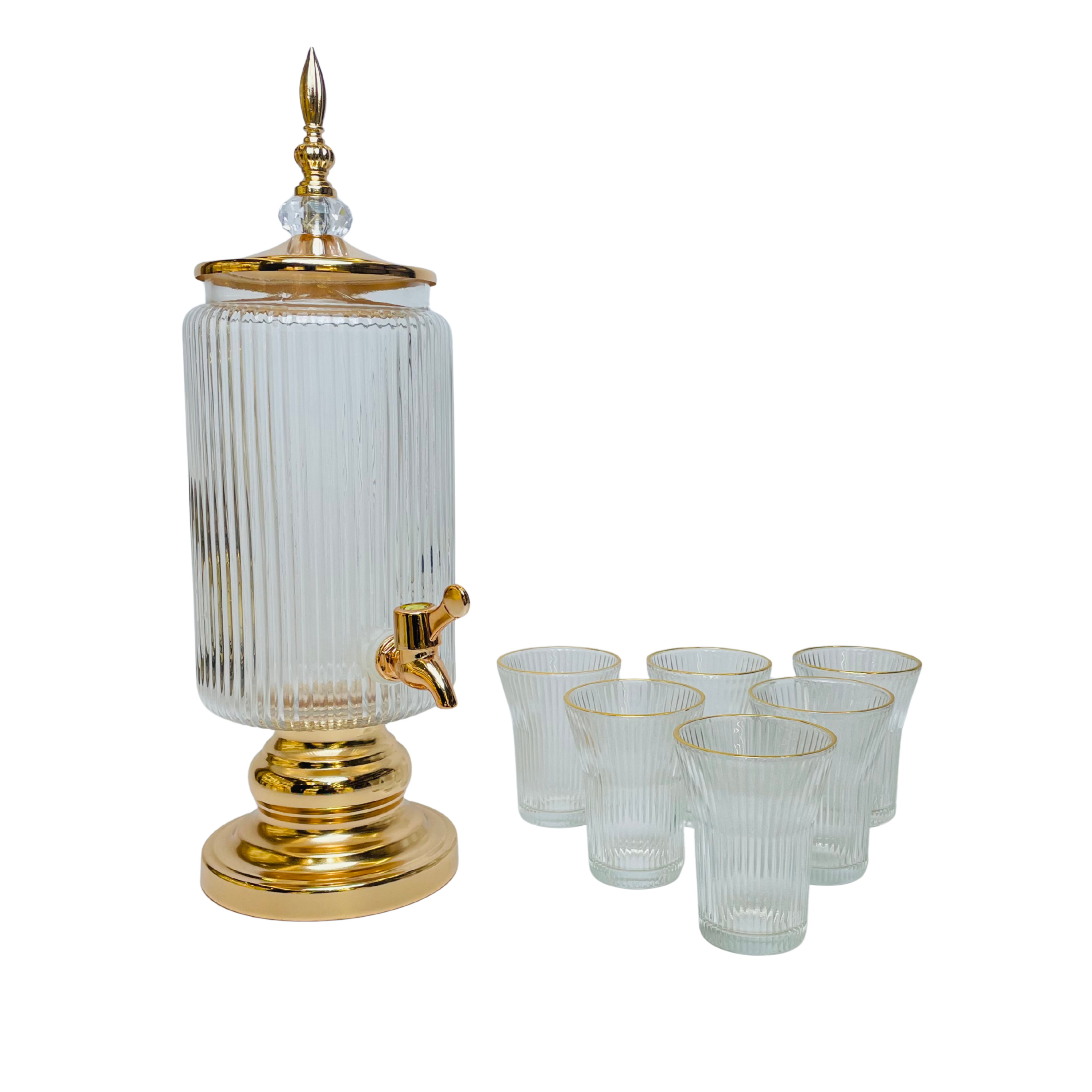 Crystal Royale – Golden Ribbed Glass Beverage Dispenser with 6 Glasses