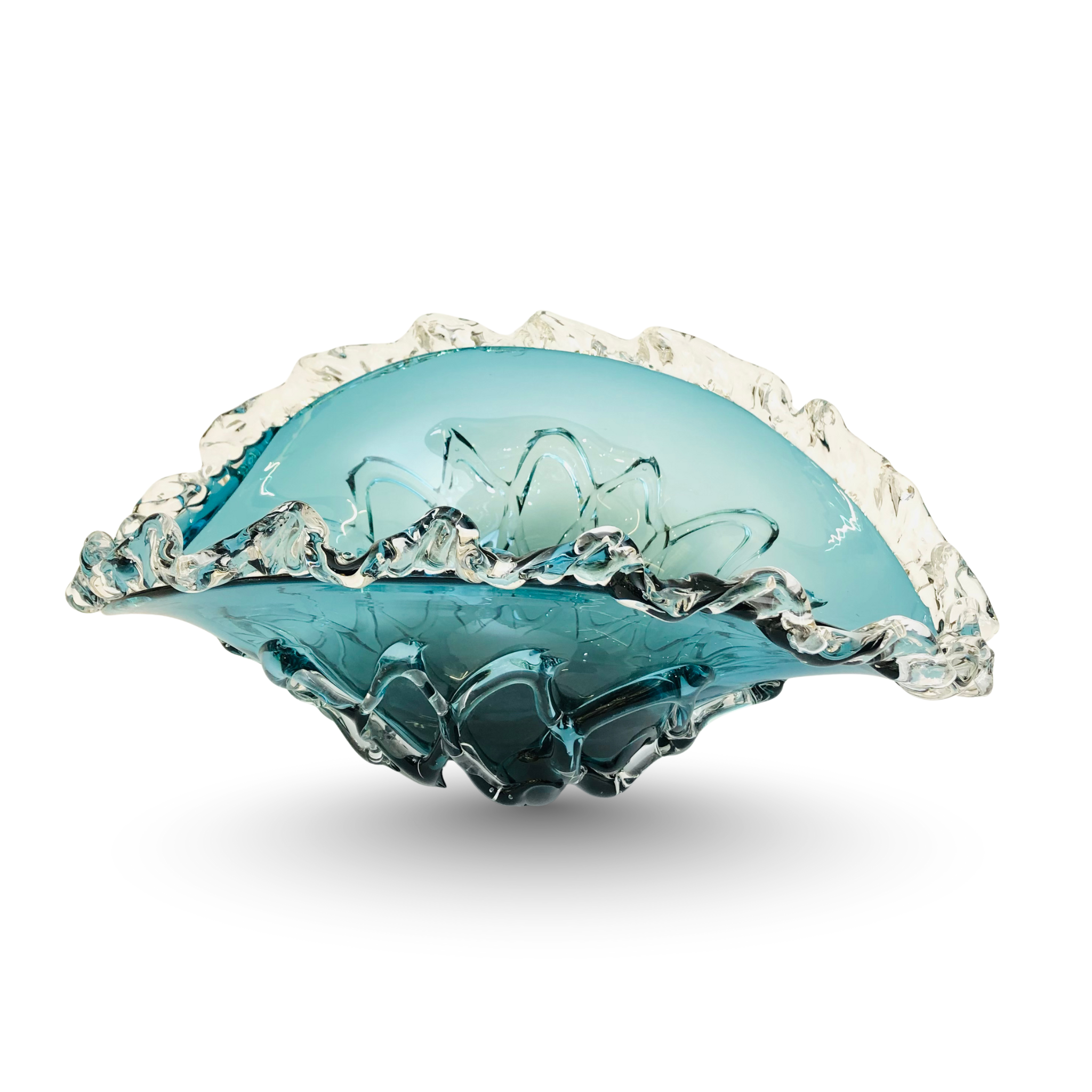Ocean Blue Ruffled Glass Centerpiece Bowl
