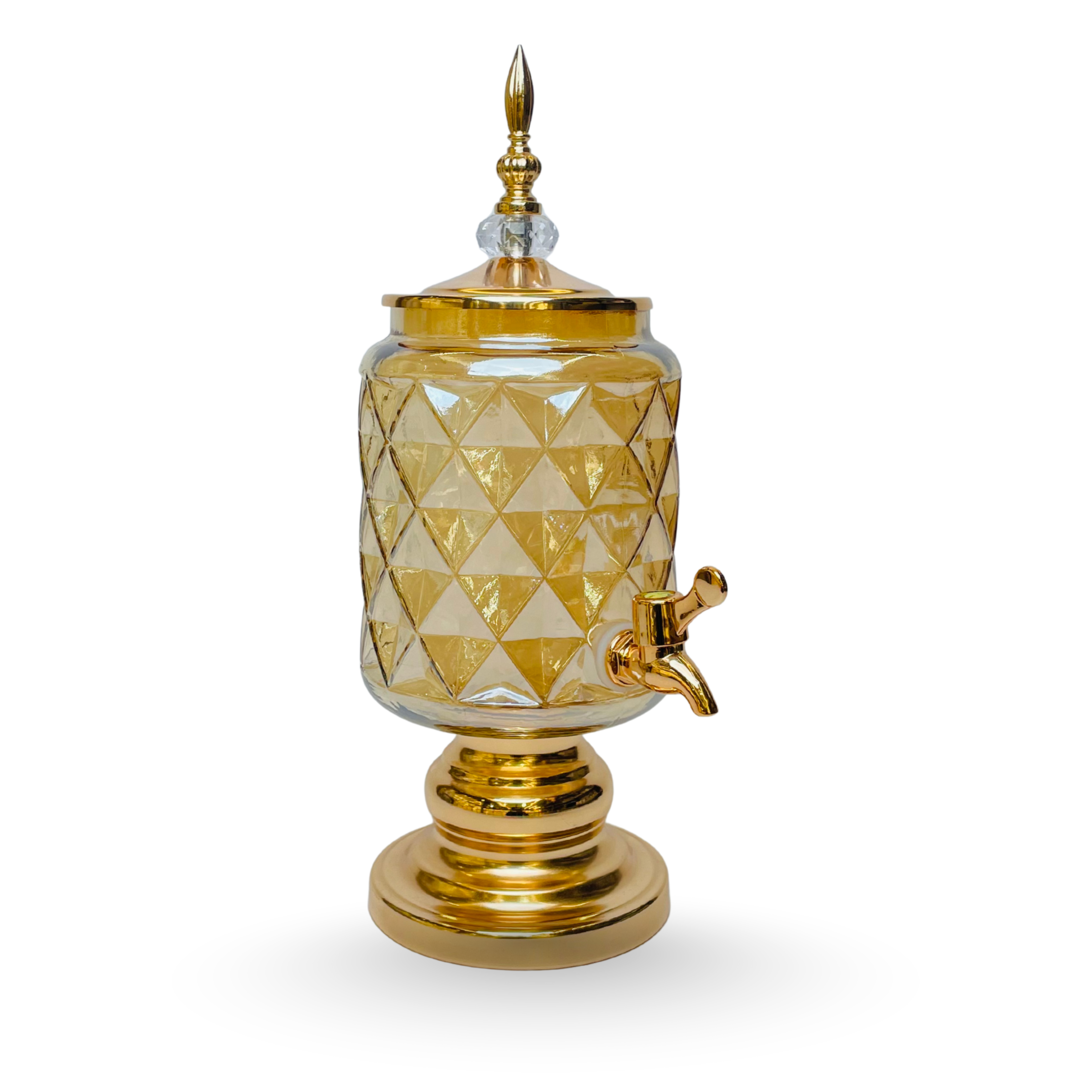 Amber Royale – Golden Diamond-Cut Glass Beverage Dispenser with 6 Glasses