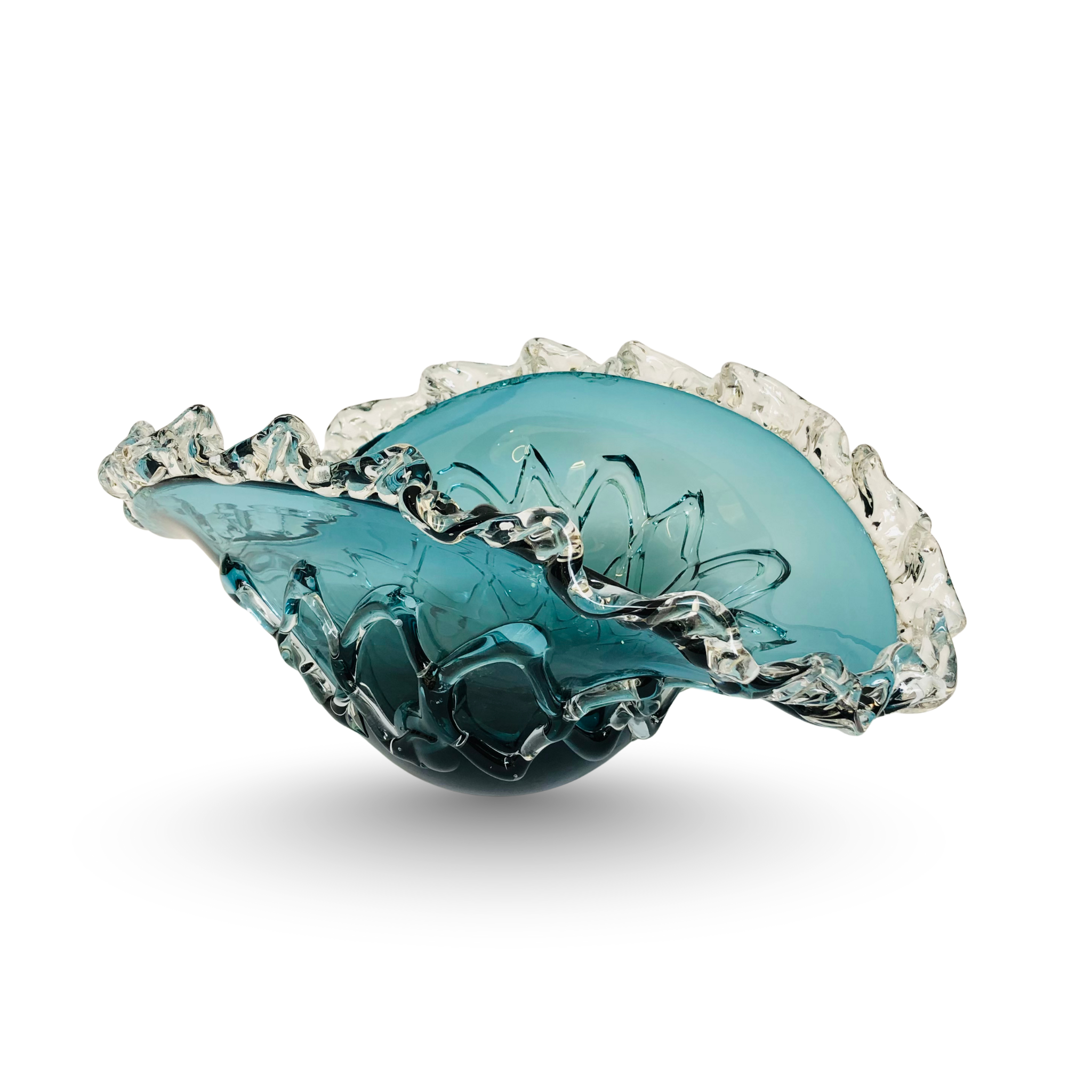 Ocean Blue Ruffled Glass Centerpiece Bowl