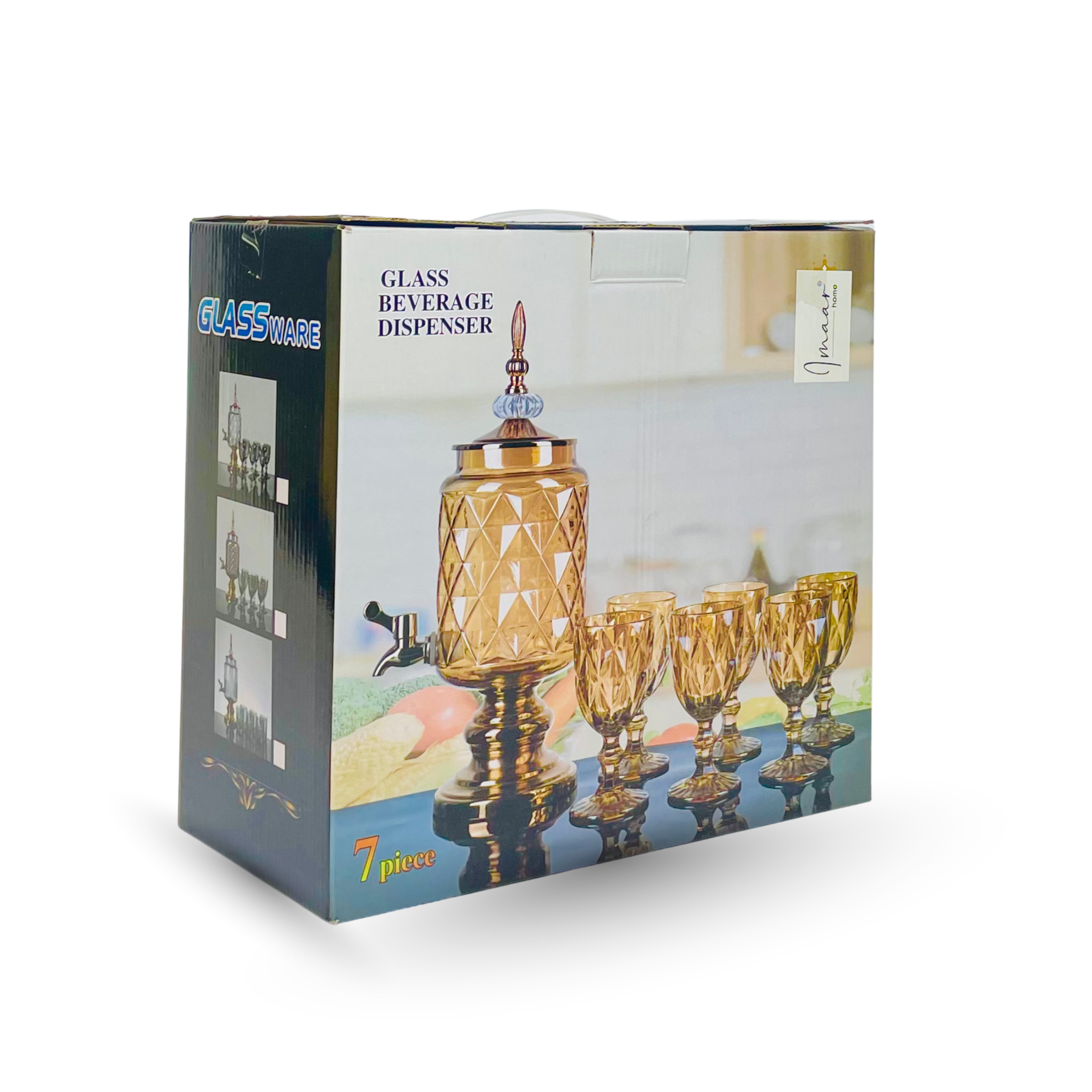 Amber Royale – Golden Diamond-Cut Glass Beverage Dispenser with 6 Glasses