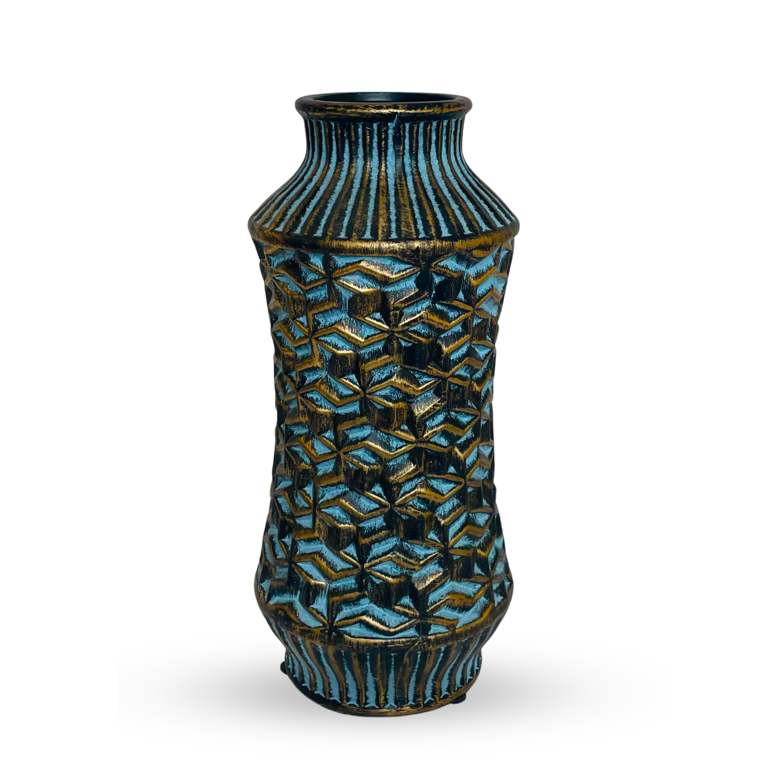Vintage Geometric Textured Vase – Blue & Gold Finish