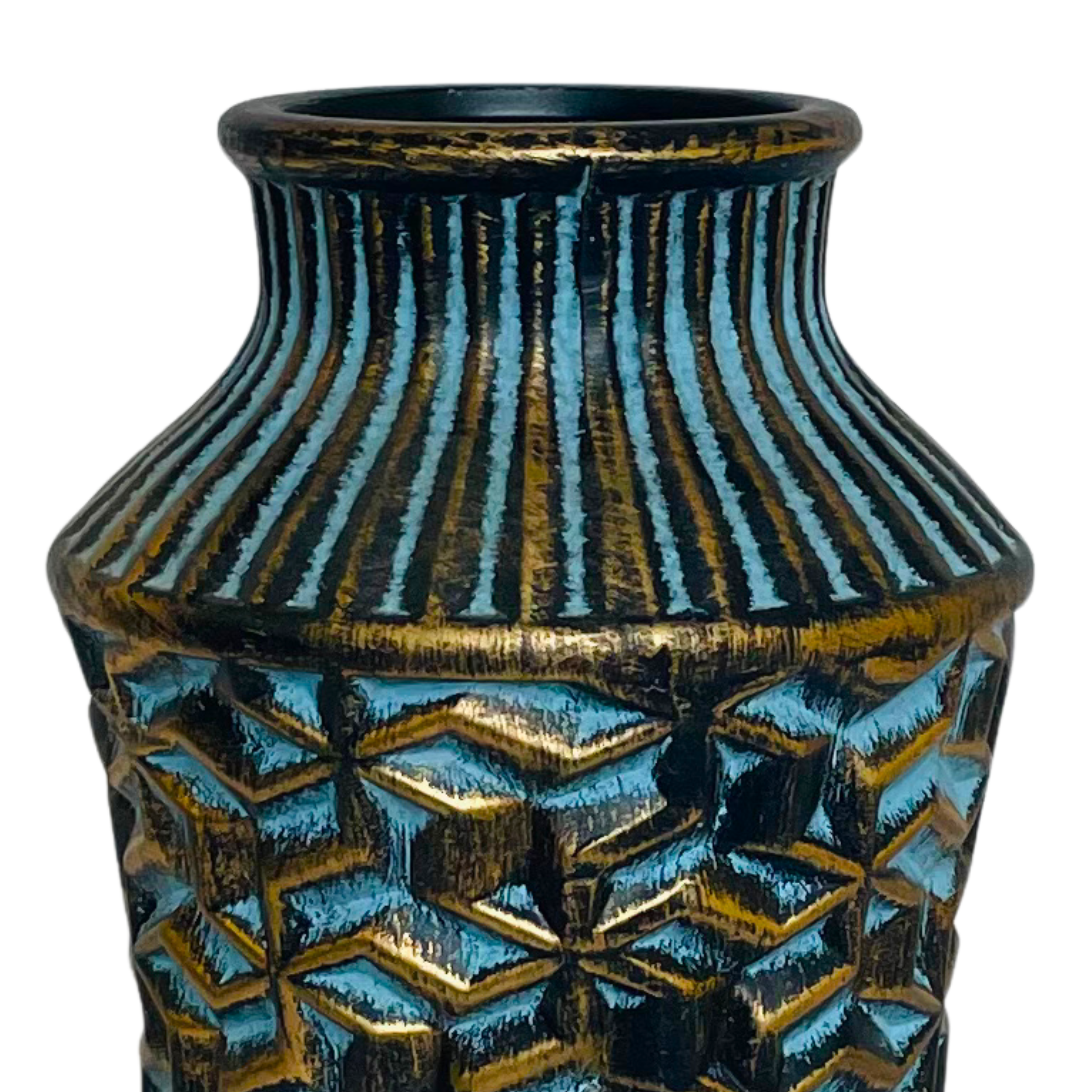 Vintage Geometric Textured Vase – Blue & Gold Finish