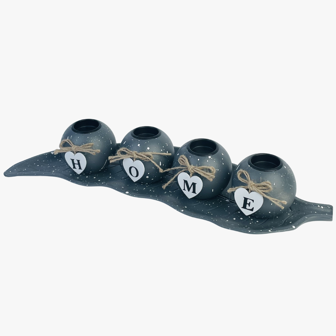"HOME" Candle Holder With Leaf Tray