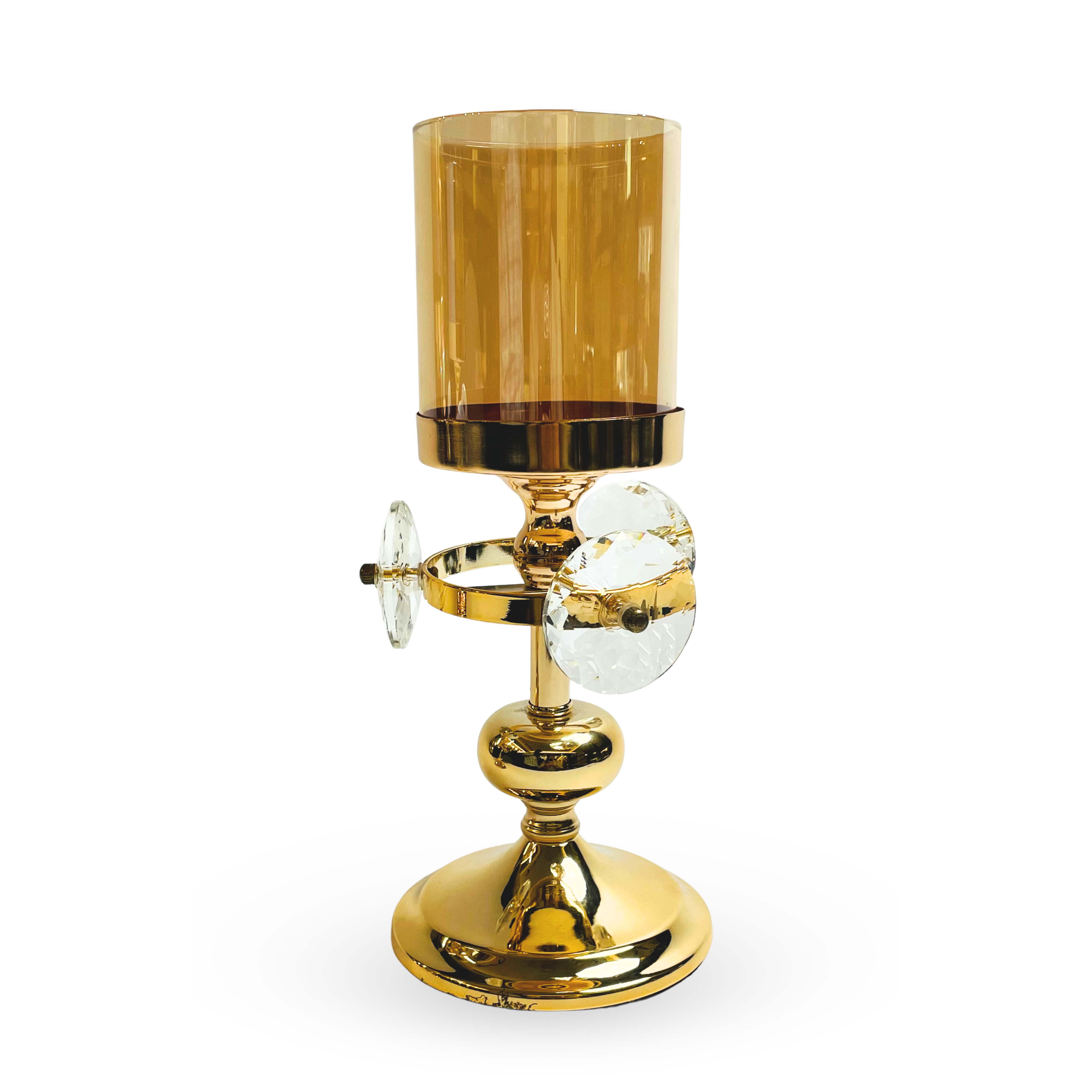 Golden Crystal Candle Holder Set – Amber Glass & Luxe Finish