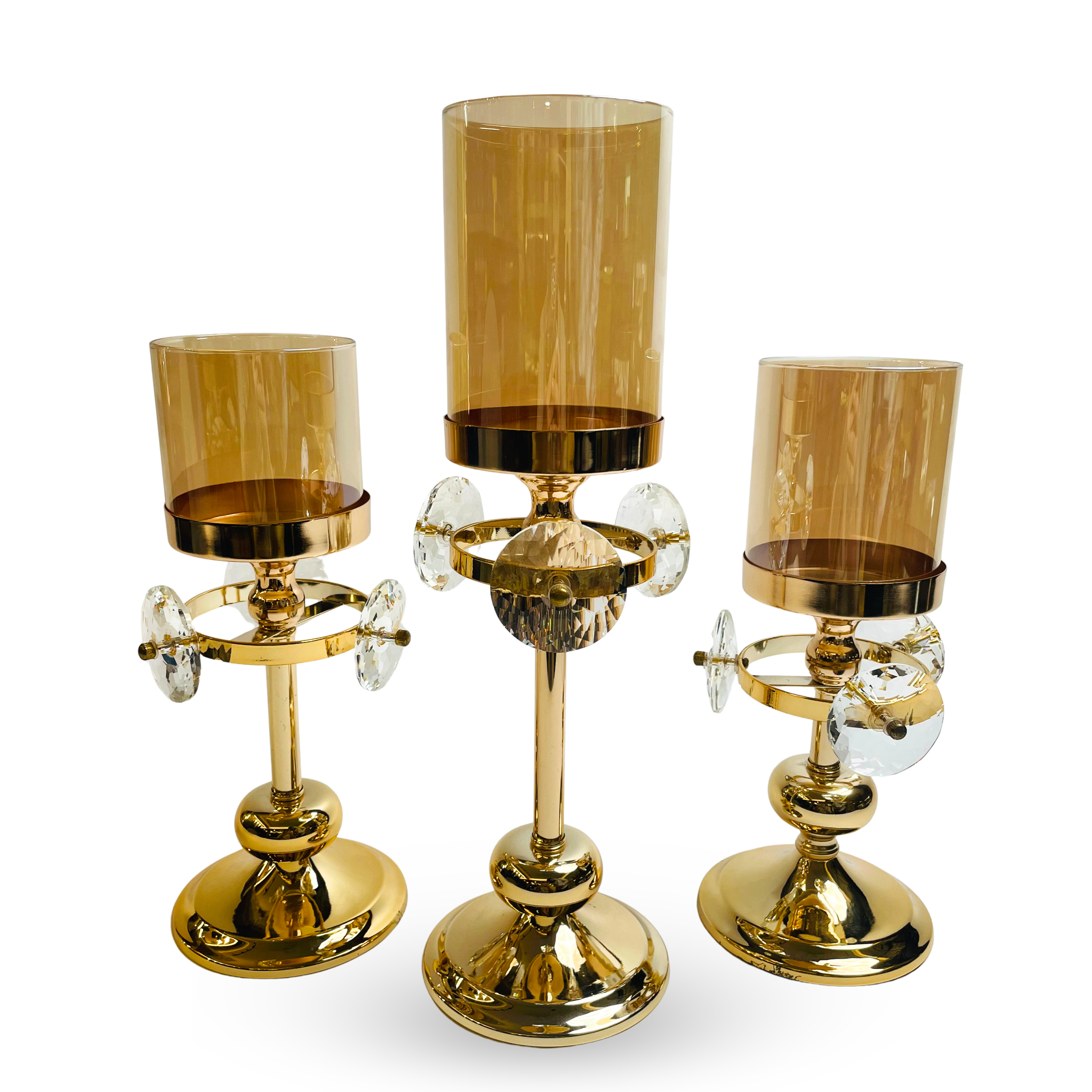 Golden Crystal Candle Holder Set – Amber Glass & Luxe Finish
