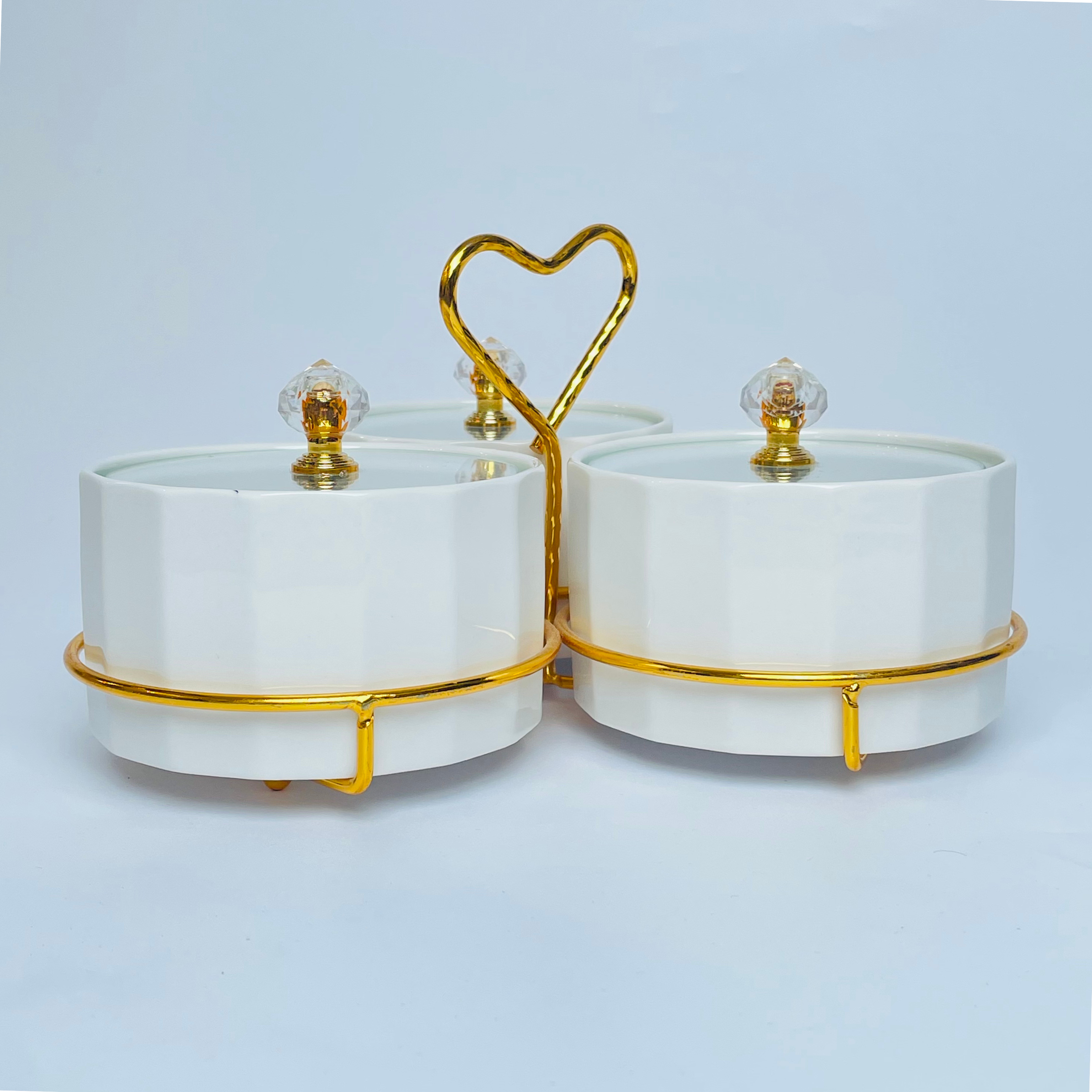 Elegant Ceramic Serving Bowls Set with Golden Heart Handle – 3 Pcs