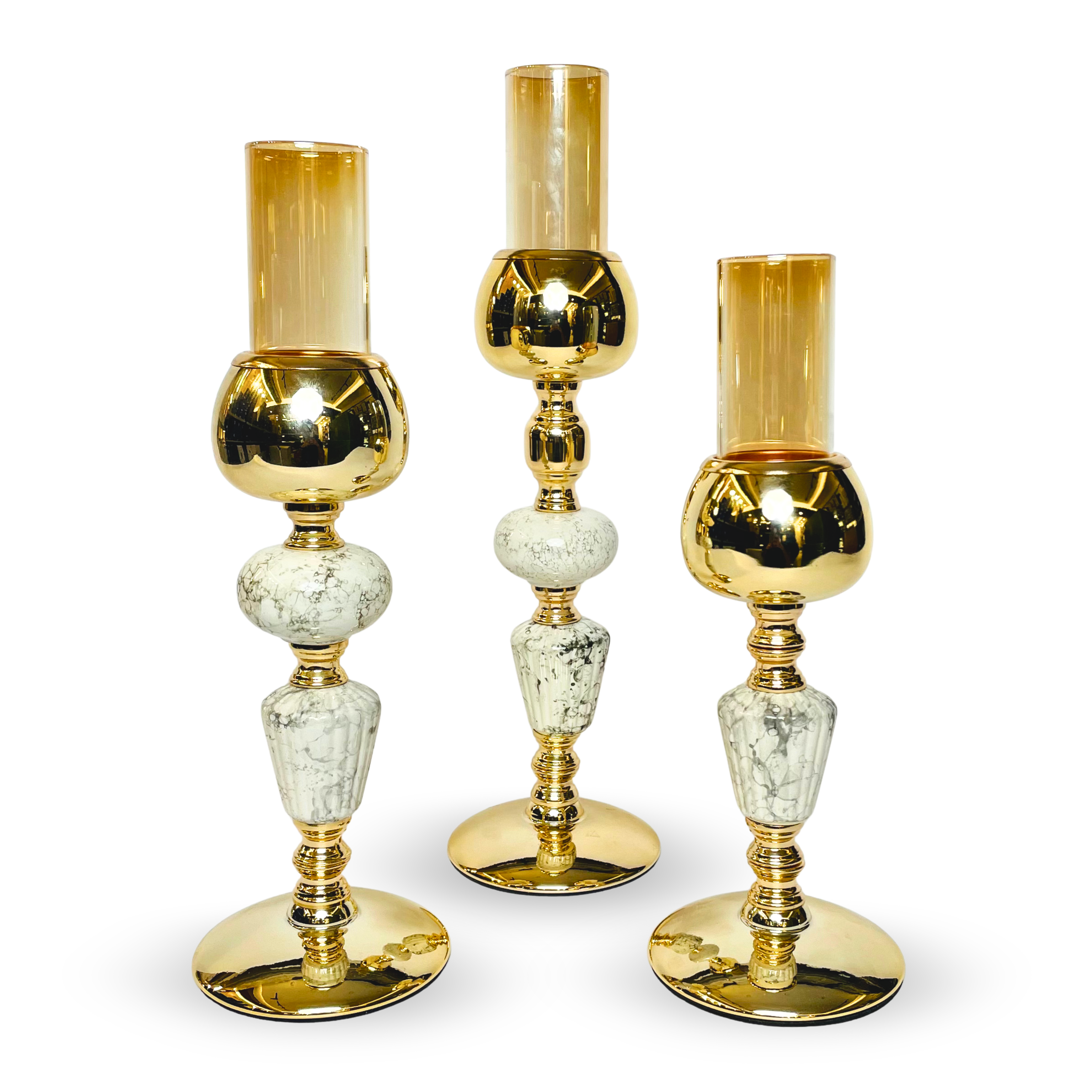 Marble & Gold Candle Holder Set with Amber Glass Shades – Luxury Trio