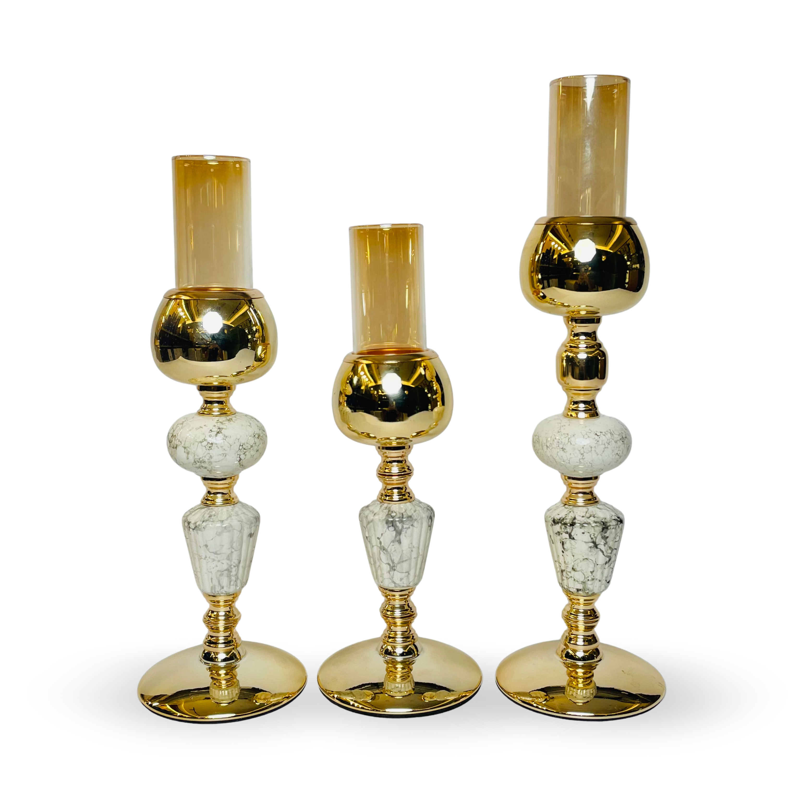 Marble & Gold Candle Holder Set with Amber Glass Shades – Luxury Trio