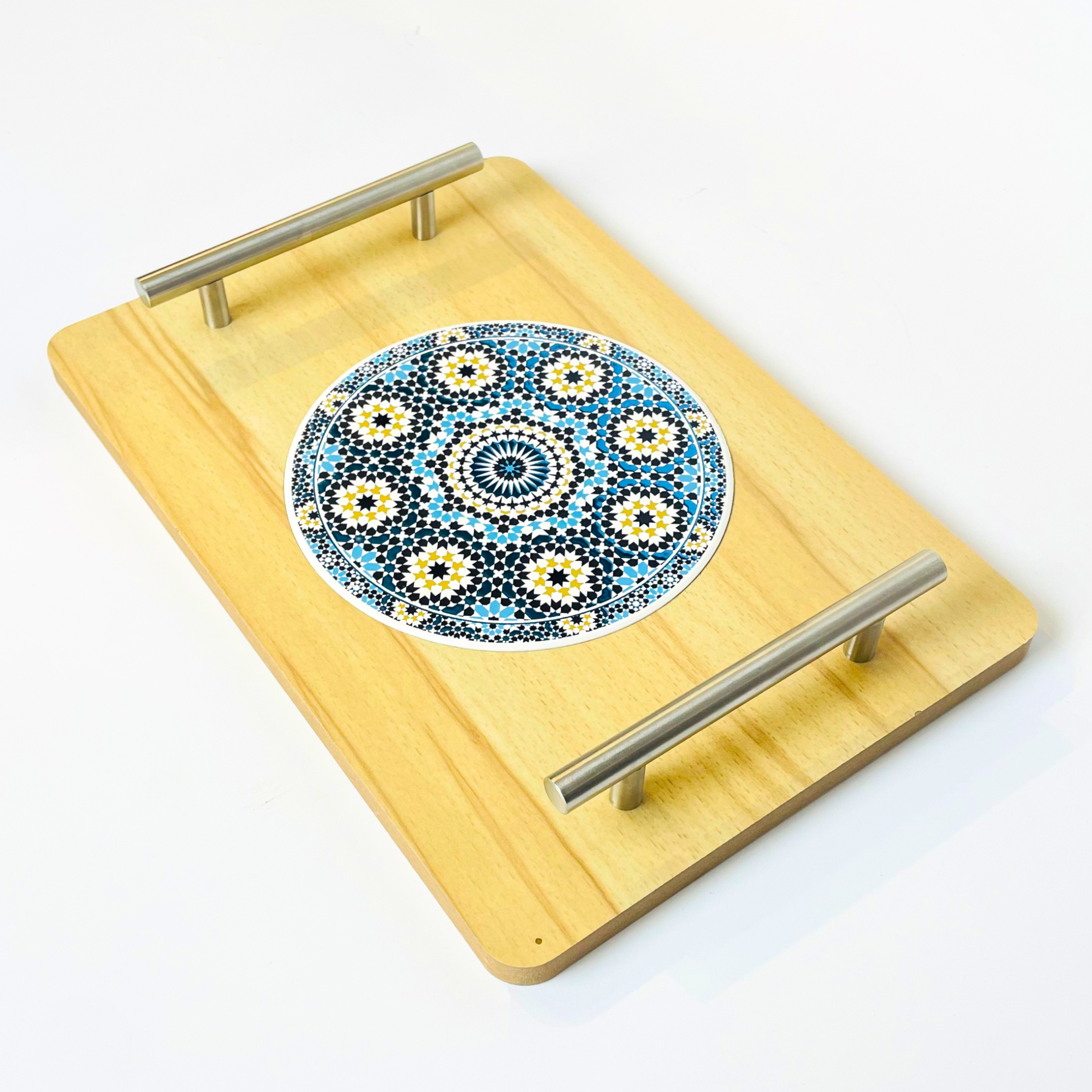 Elegant Wooden Serving Tray with Blue Mosaic Design