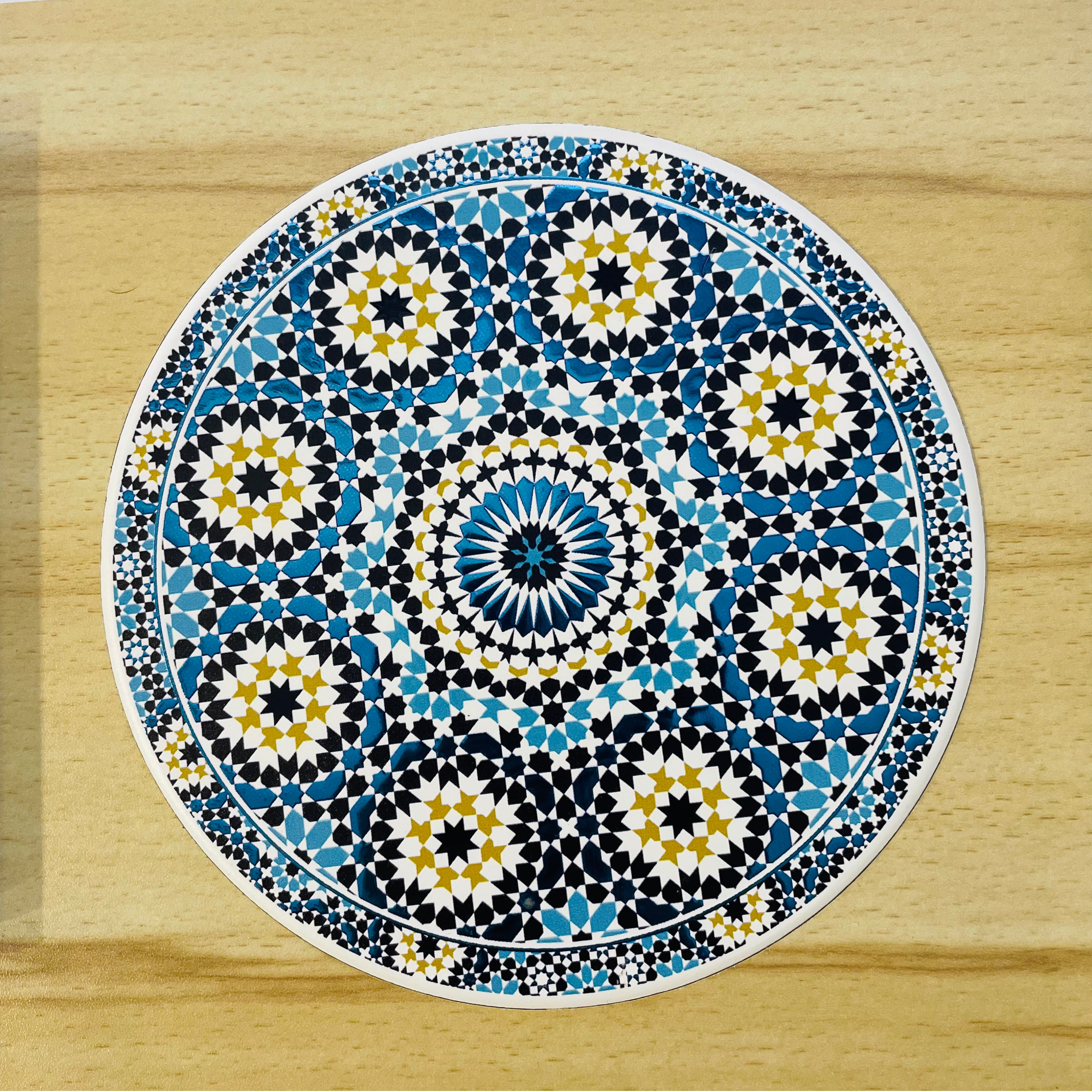 Elegant Wooden Serving Tray with Blue Mosaic Design