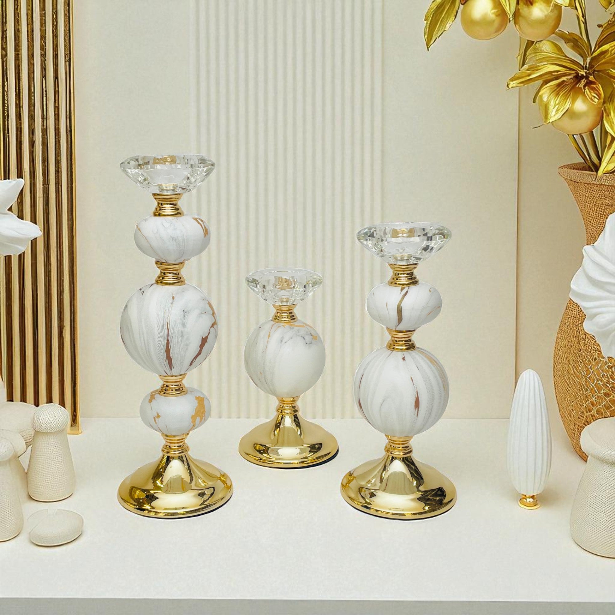 Luxury Marble & Gold Candle Holder Set – Crystal Top Design (Set of 3)
