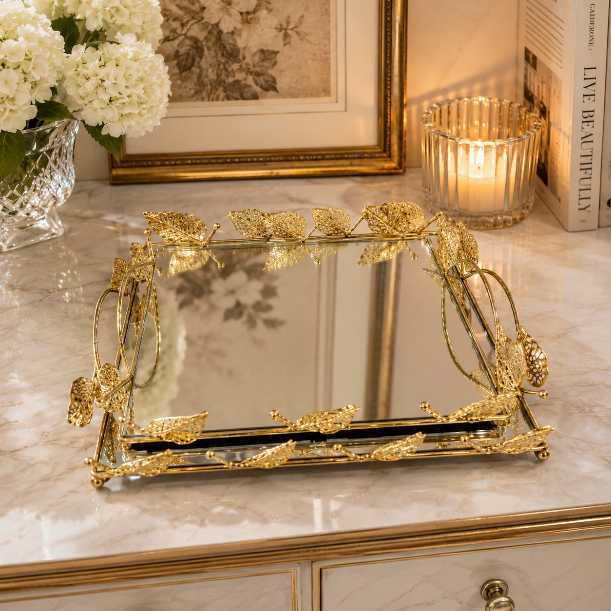 Imperial Gold Leaf Vanity Trays with Mirrored Bases Set of 2