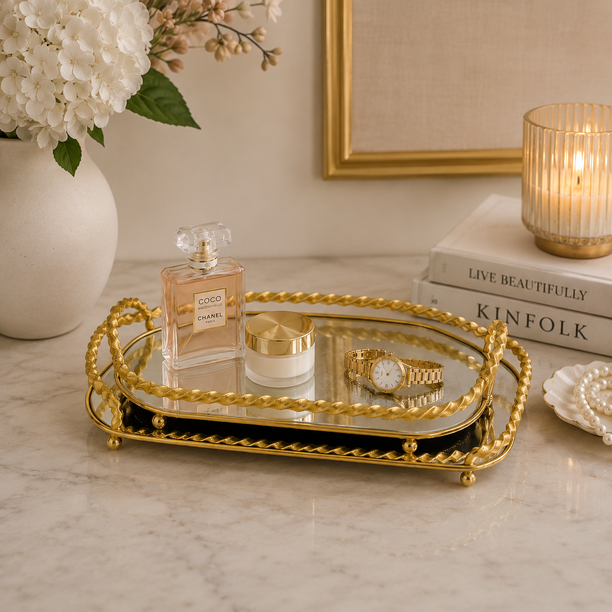 Elegant Metallic Gold Rope Mirror Tray Set of 2