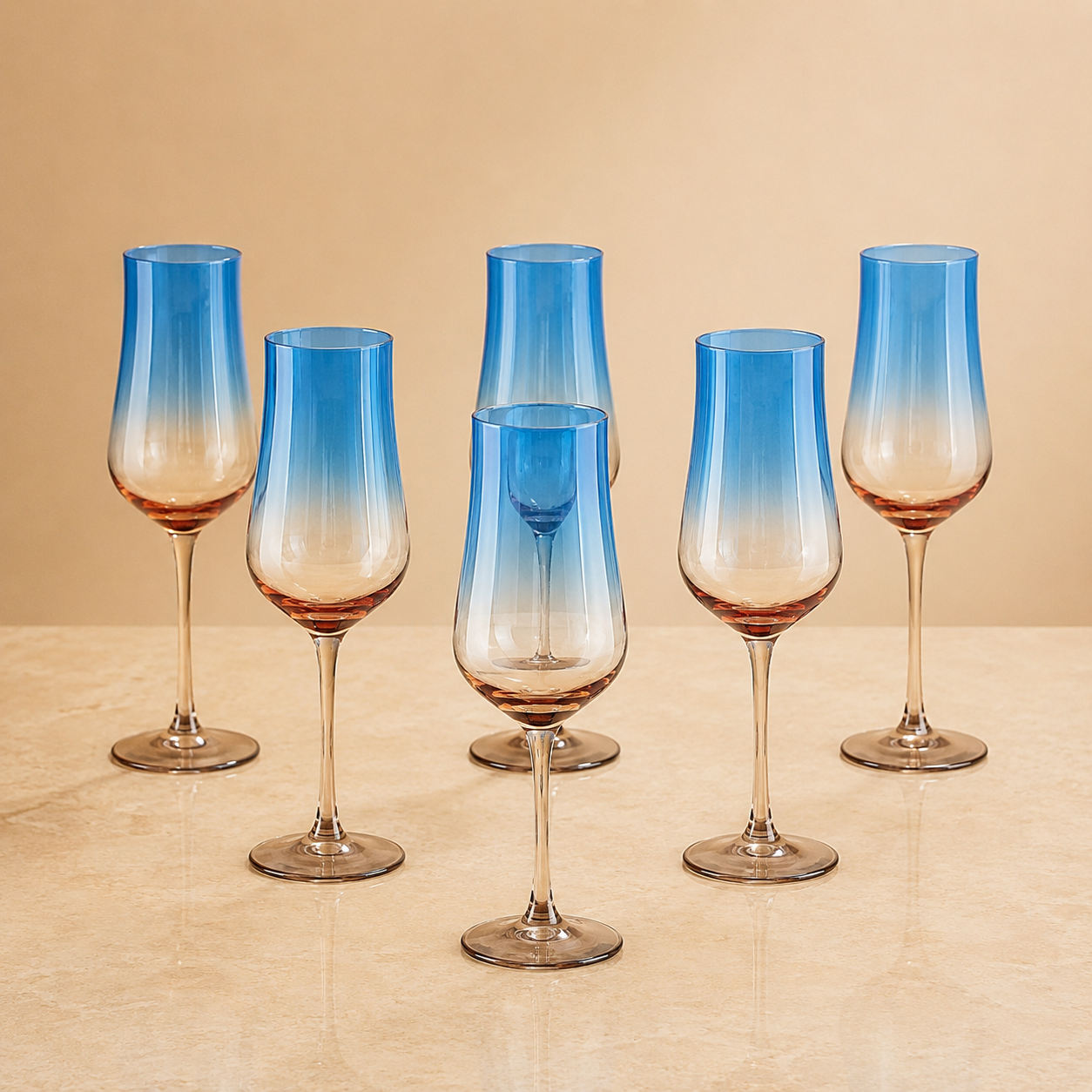 Azure Blue Champagne Glasses Set of 6