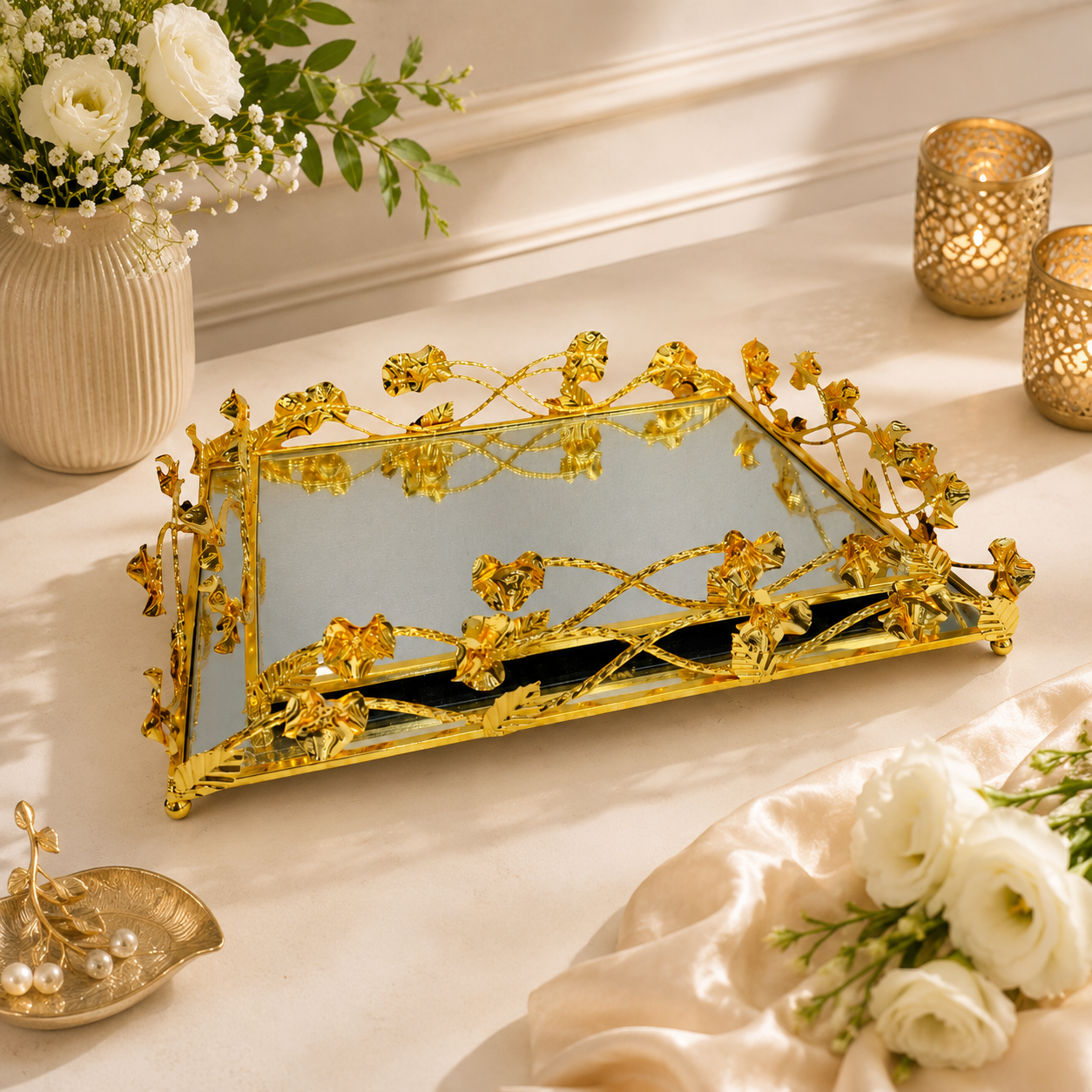 Elegant Gold Mirror Serving Tray Set of 2